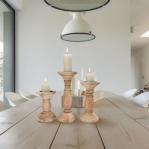Miniatura 5 de Juego de 3 portavelas de pilar, decoración de granja, portavelas altos para velas de pilar, candelabros de madera para centros de mesa, decoración