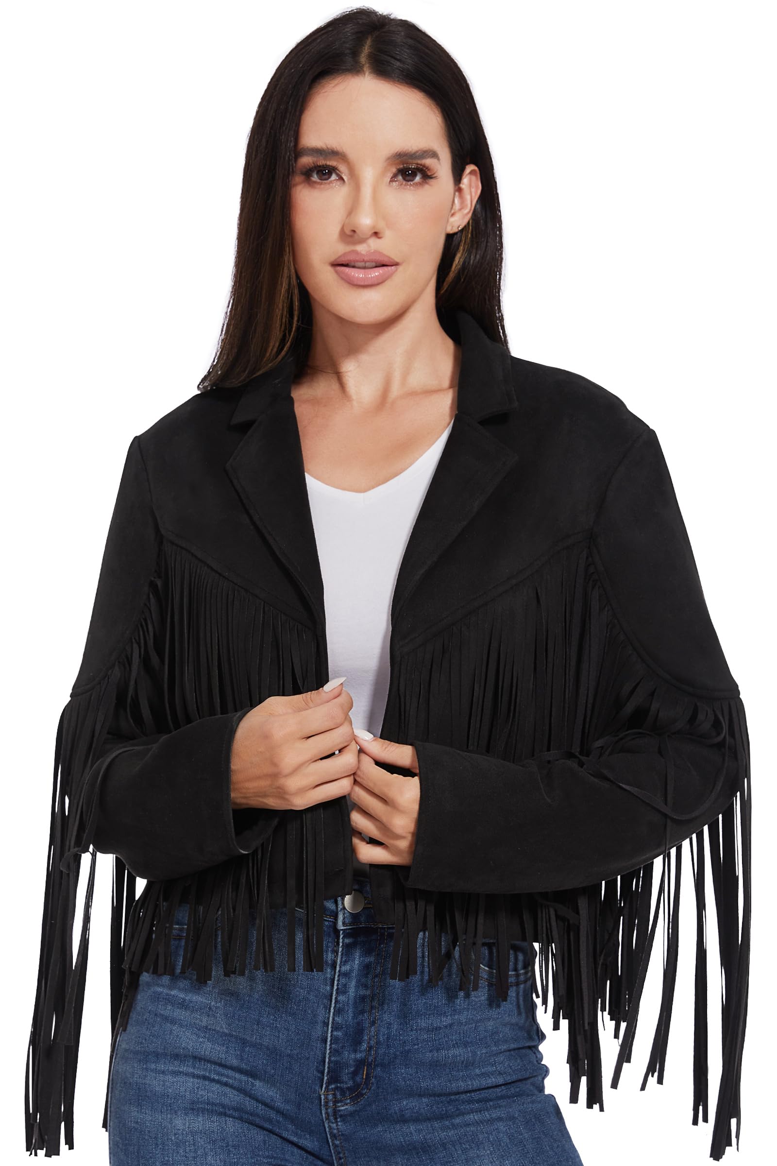 Fahsyee Giacche da donna in pelle con frange - Camoscio Faux Motocycle Biker Cappotto corto Vegan Blazer Pleather Moda nappa S-XXL