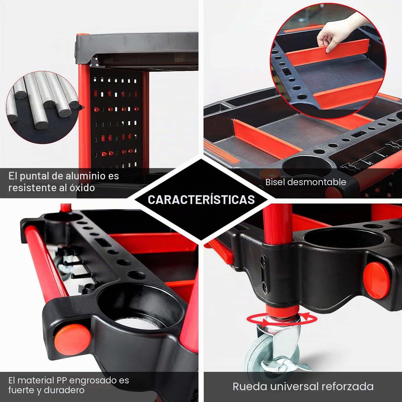 Carrito de detalles de coche con ruedas, carrito de detalles de lavado de autos de 3 niveles con placa lateral para colgar y ganchos, para mecánicos y detalladores durante las reparaciones, carrito de