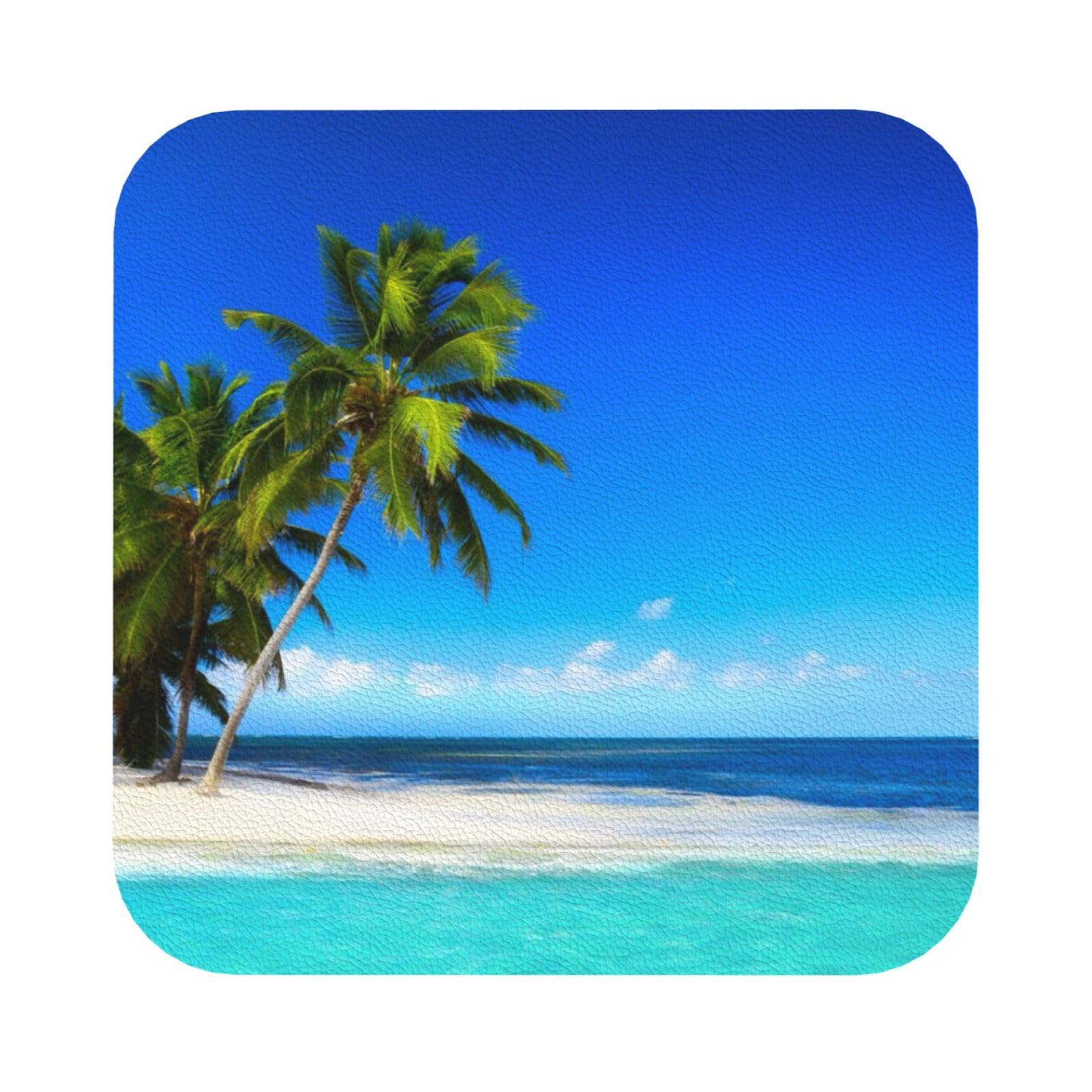 Palm Trees and Clear Sea PU Leather Coasters Set of 6 Square Drink Coasters