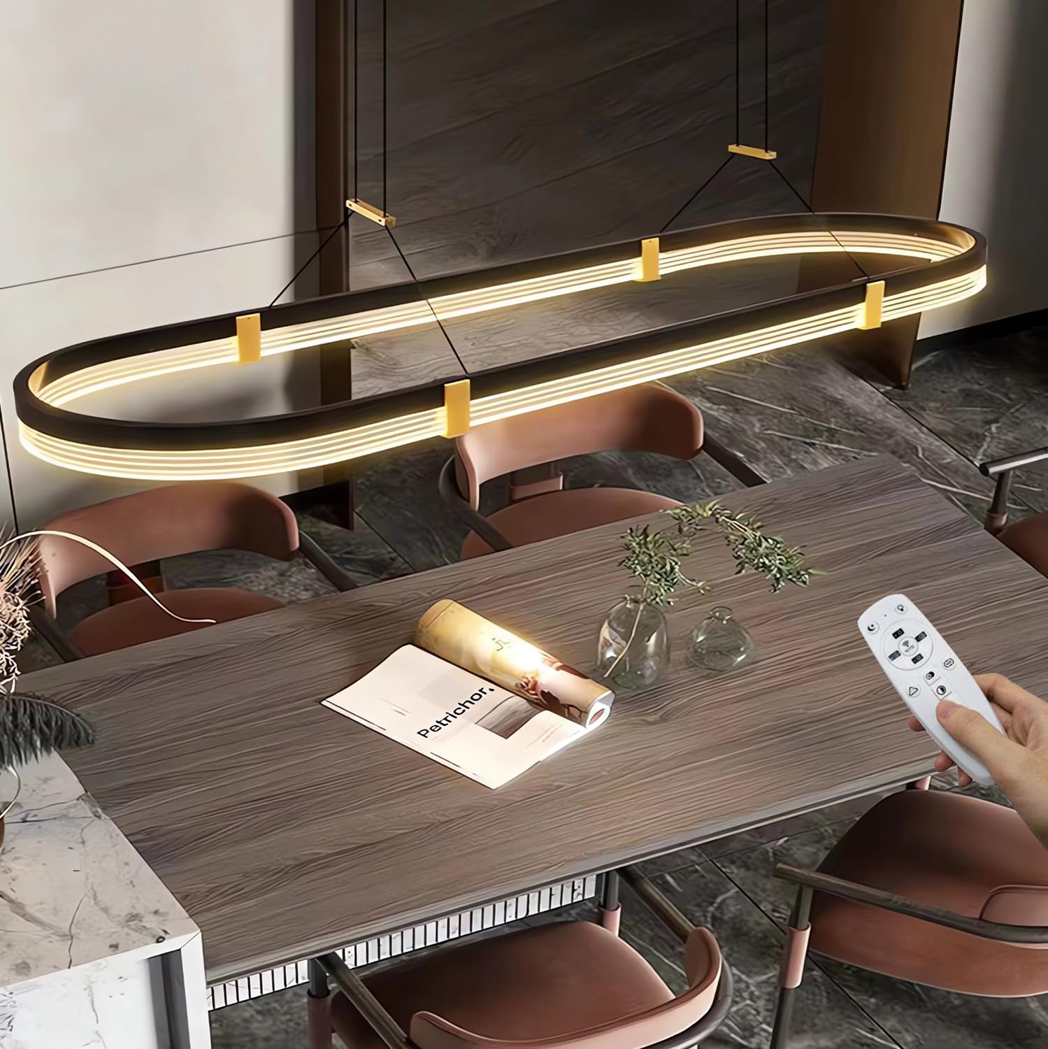 Modern Pendant Lamp Dining Table Oval LED Lamp Dimmable with Remote Control Hanging Lamp Black Hanging Chandelier Height Adjustable for Dining Room Living Room Office Lamp Kitchen Lamp 100cm,48W
