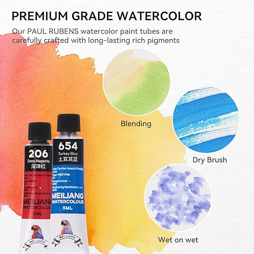 Miniatura 5 de MeiLiang - Juego de 52 pinturas de acuarela, juego de acuarelas de viaje con lápiz de dibujo, pinceles de pintura, 5 papel de acuarela, esponja y