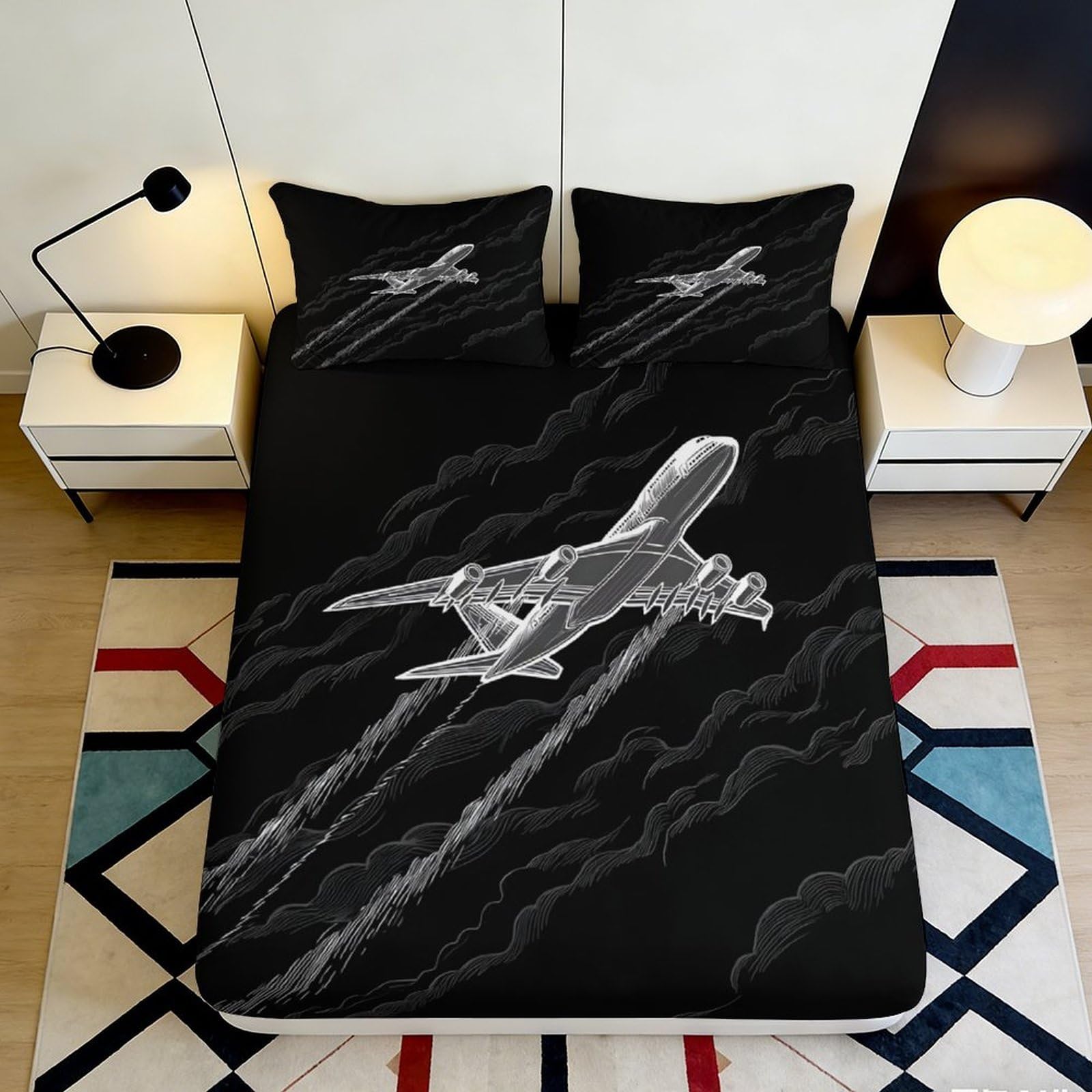 3D Printed Airplane Fitted Sheet Microfiber Soft Breathable Black Cloud Pattern Bed Cover for Bedroom Dormitory Guest Room Mattress Protection 120x200x25cm