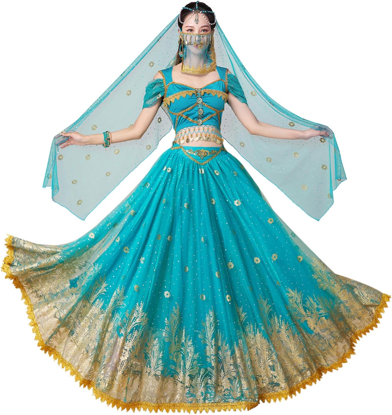 Princess Jasmine Costumes for Women Adult Aladdin Dress UP Halloween Cosplay Belly Dance Outfit