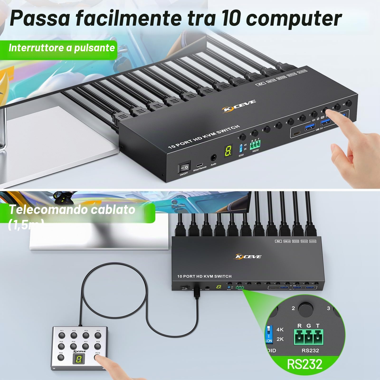 10 Porte 8 Porte KVM Switch HDMI 4K@60Hz Simulazione EDID, USB 3.0 10 PC Switch KVM Condividono 1 Monitor e 4 Dispositivi USB, Audio, RS232, Dotato Cavo Remoto, Alimentazione 12V e 10*Cavo USB