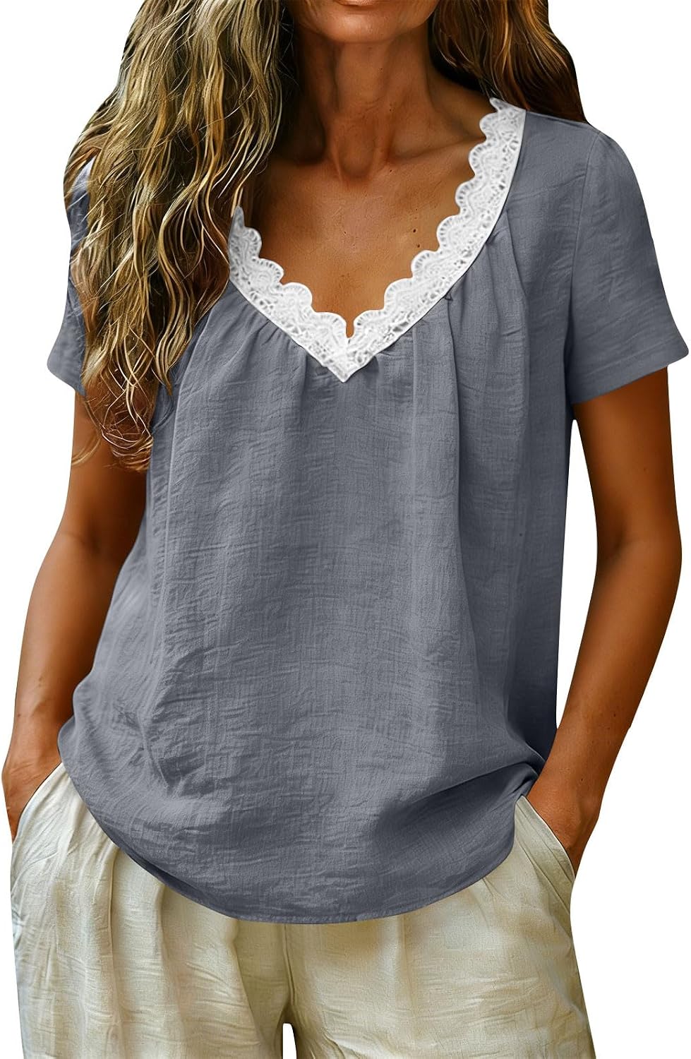 Womens Tops Short Sleeve V Neck Lace Trim Loose Fit Dressy T Shirts Spring Summer Basic Casual Trendy Tees Outfits