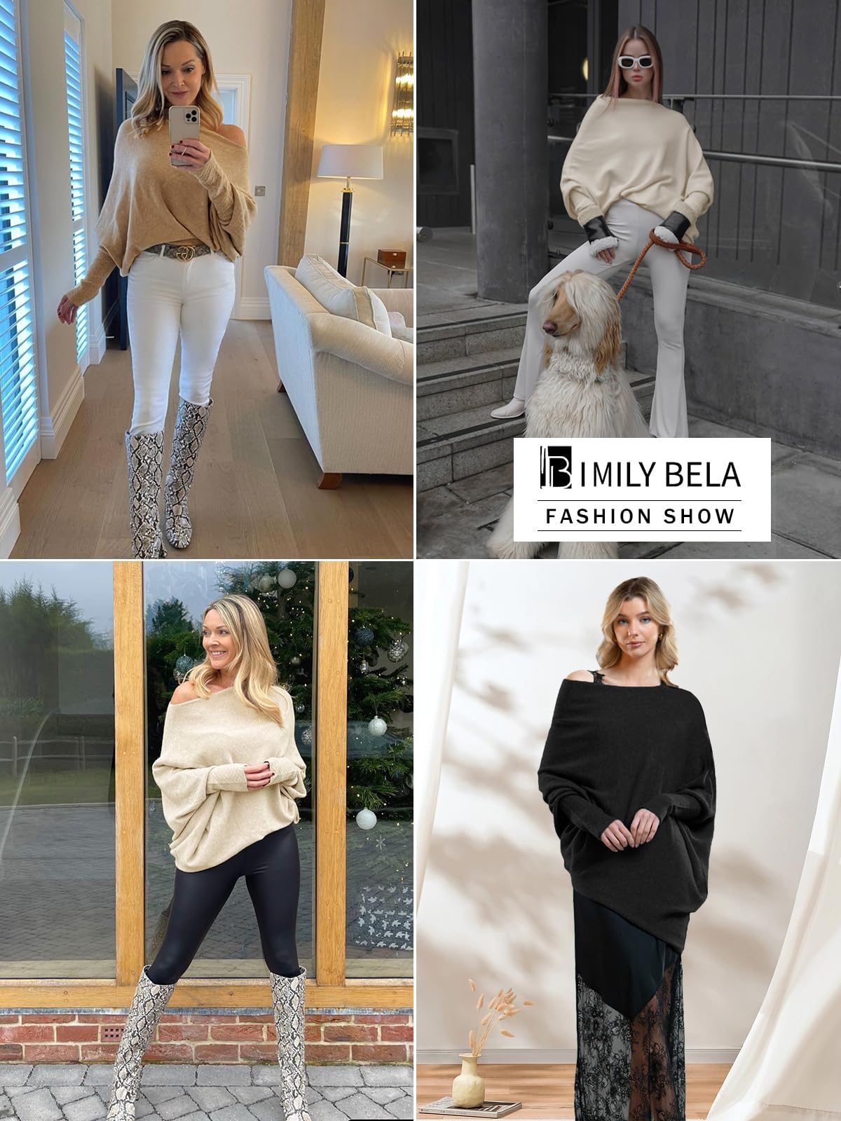 Imily Bela Maglione da donna con scollo rotondo, a maniche lunghe, con scollo largo, camicetta