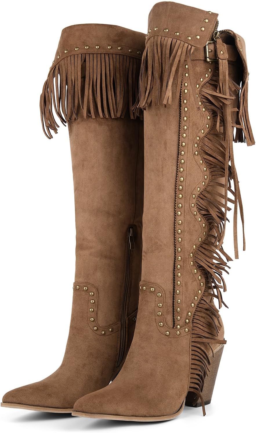 Studded Fringe Boots for Women Knee High Boho Western Boots