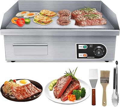 22" Electric Countertop Griddle 110V 1600W Commercial Electric Griddle Restaurant Grill Temperture Control Stainless Steel Type A