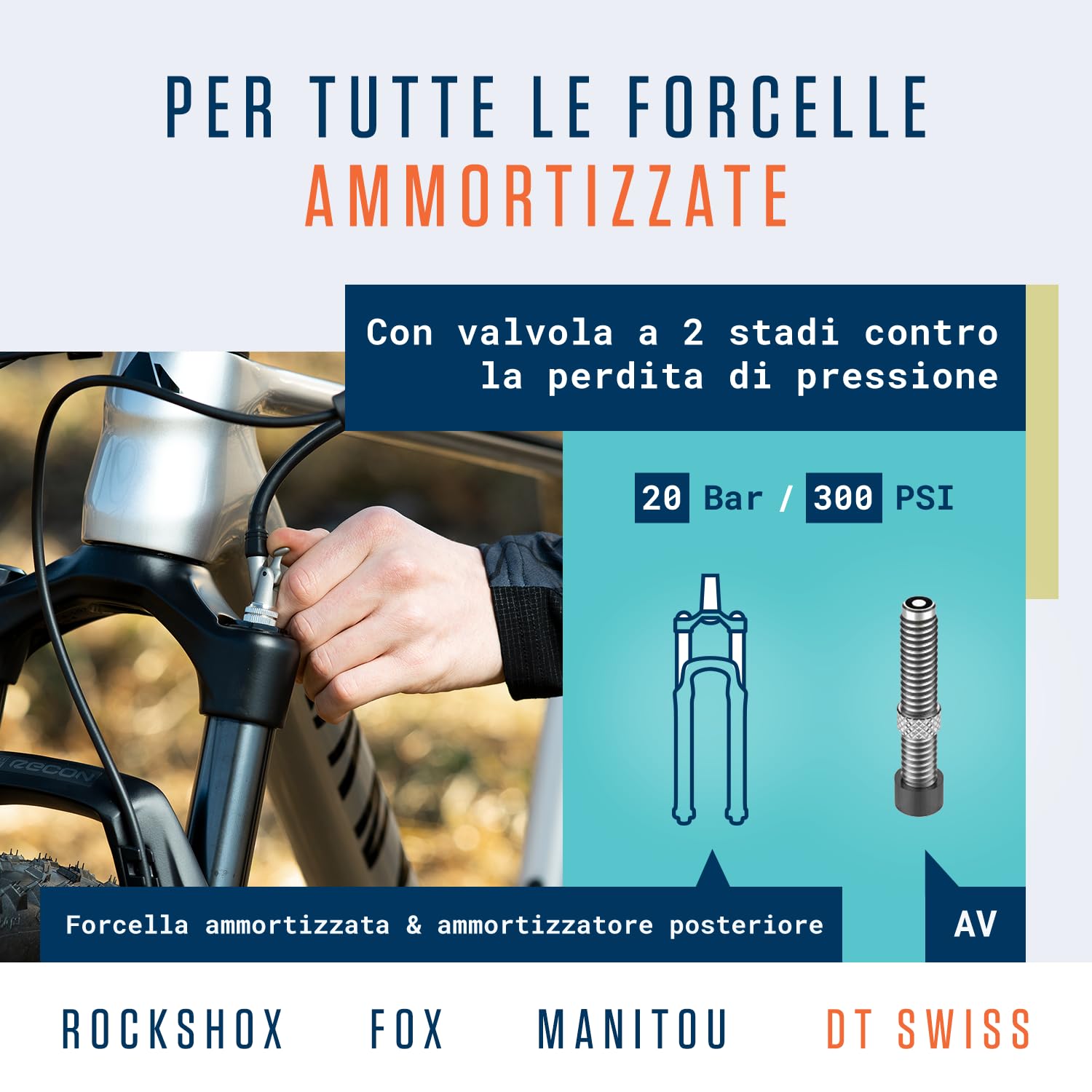 Alphatrail Pompa Ammortizzatori Bob - Per tutte le sospensioni 300 PSI / 20,7 Bar pressione massima I Valvola a 2 stadi I Air bleeder I manometro grande (Ø40mm) I Per RockShox, Fox etc