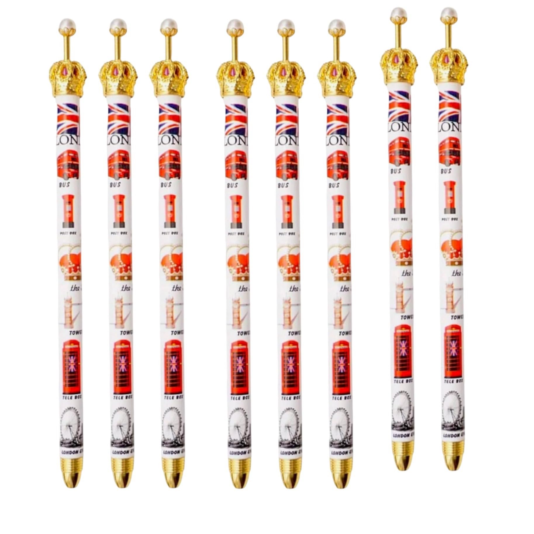 Souvenirs Set of 8 London Pens - London Landmarks Crown Pens - London Crown Pen - Union Jack Pen British Gift
