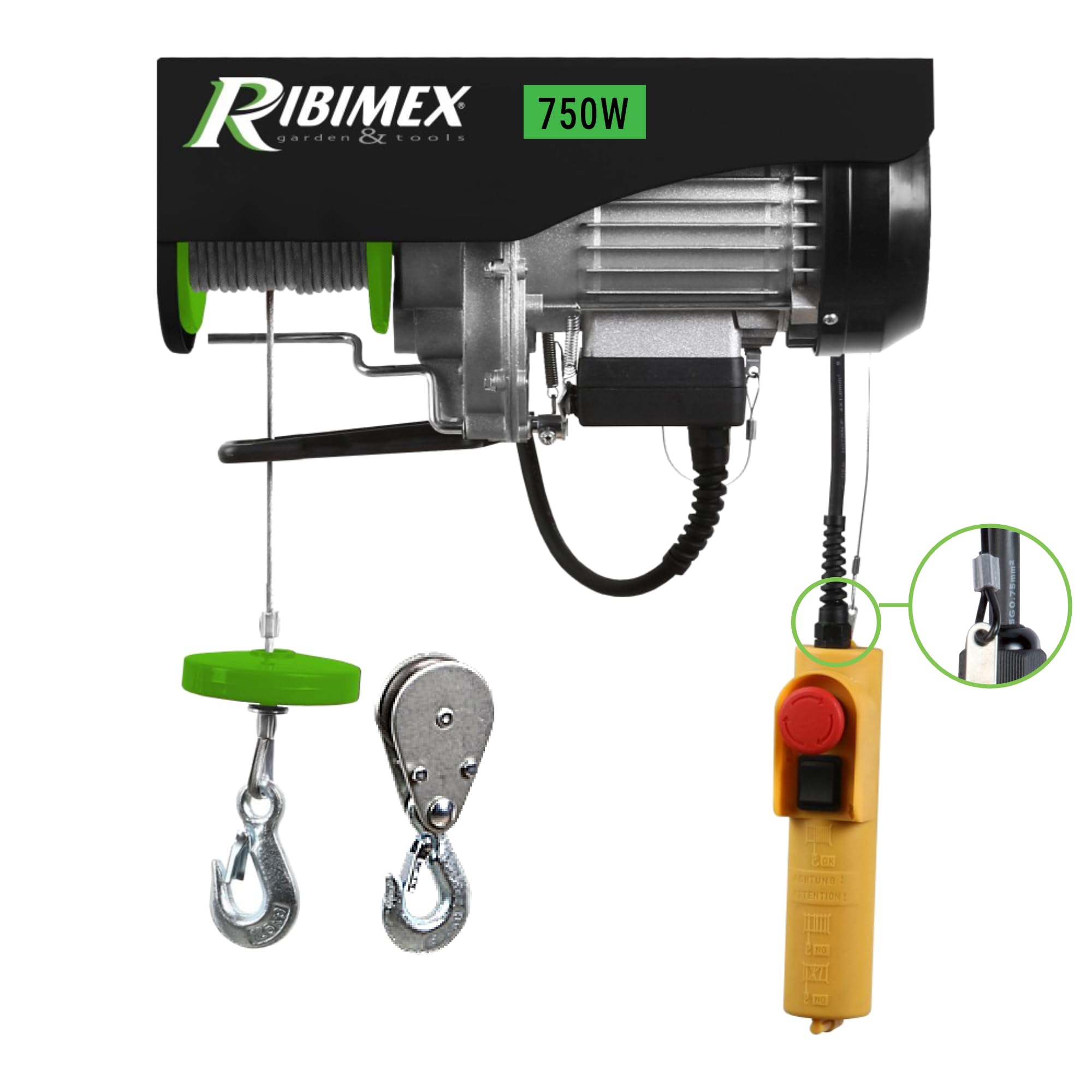 Ribimex Paranco Elettrico da 200/​400 Kg con Puleggia, Motore Monofase da 750 W, Cavo in Acciaio di 18 m, Velocità di Sollevamento Fino a 8 m/​min per Uso Domestico e Industriale - PE200/​400C/​1