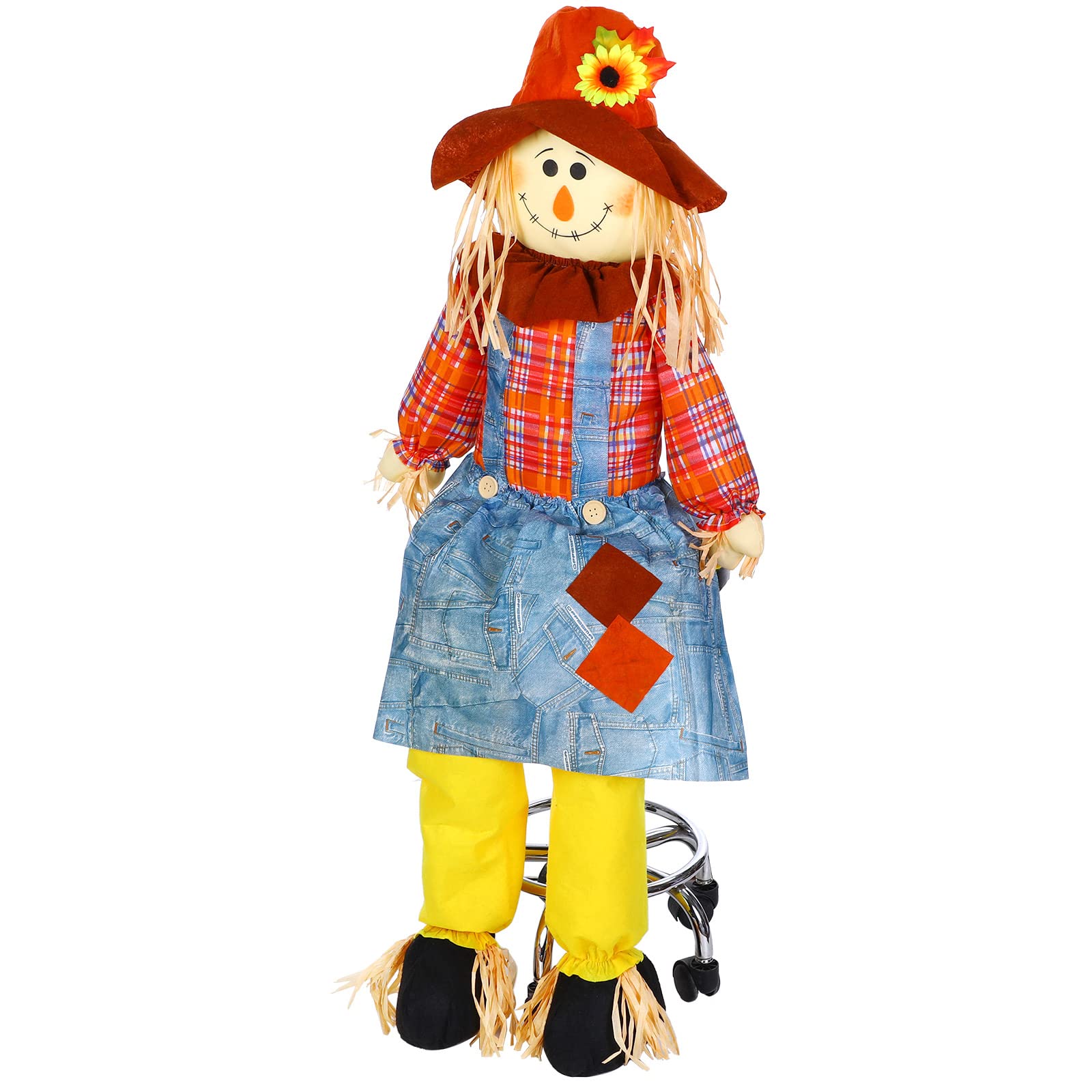 60 Inch Large Fall Scarecrow Sitter Halloween Decoration Country Charm Harvest Outdoor Indoor Bird Scare Sitting Scarecrow for Garden Home Yard, Girl Style