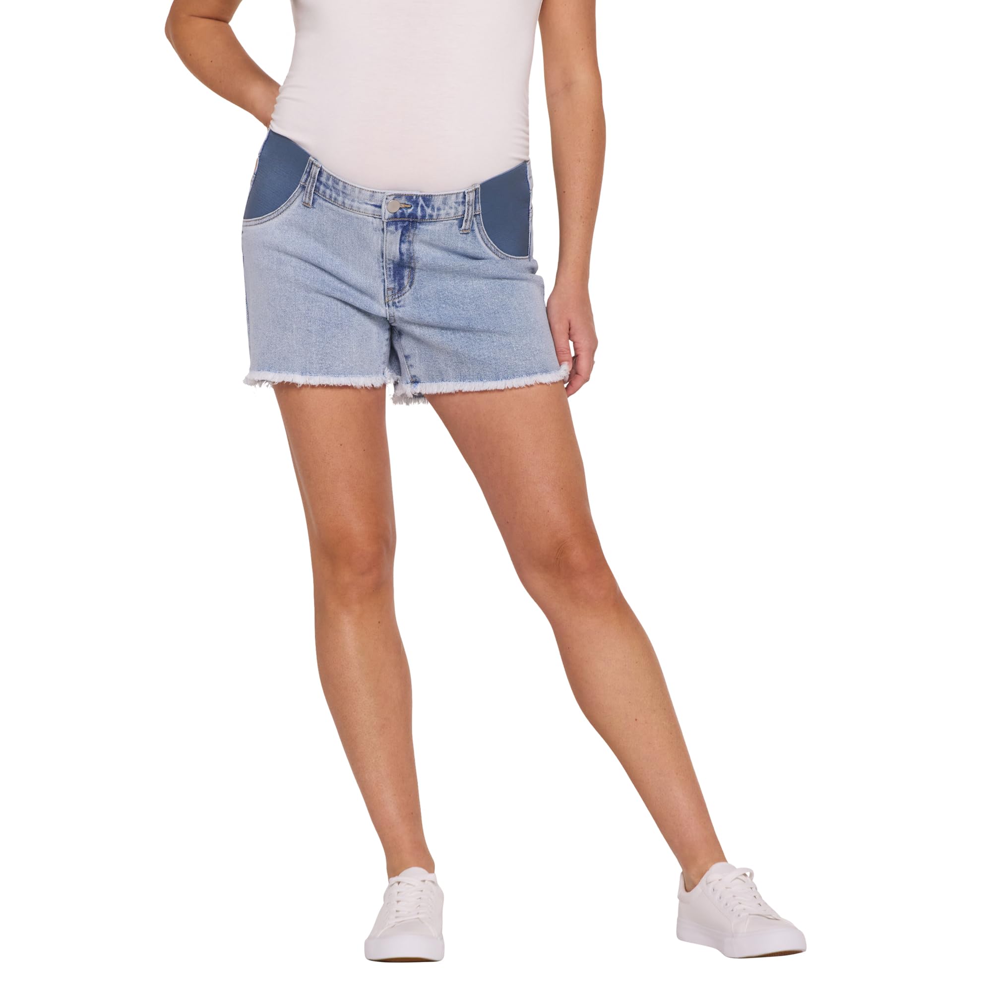 motherhood maternity Women's Under the Belly Cutoff Denim Pregnancy Shorts with Side Elastic Panel Insets-picture-23