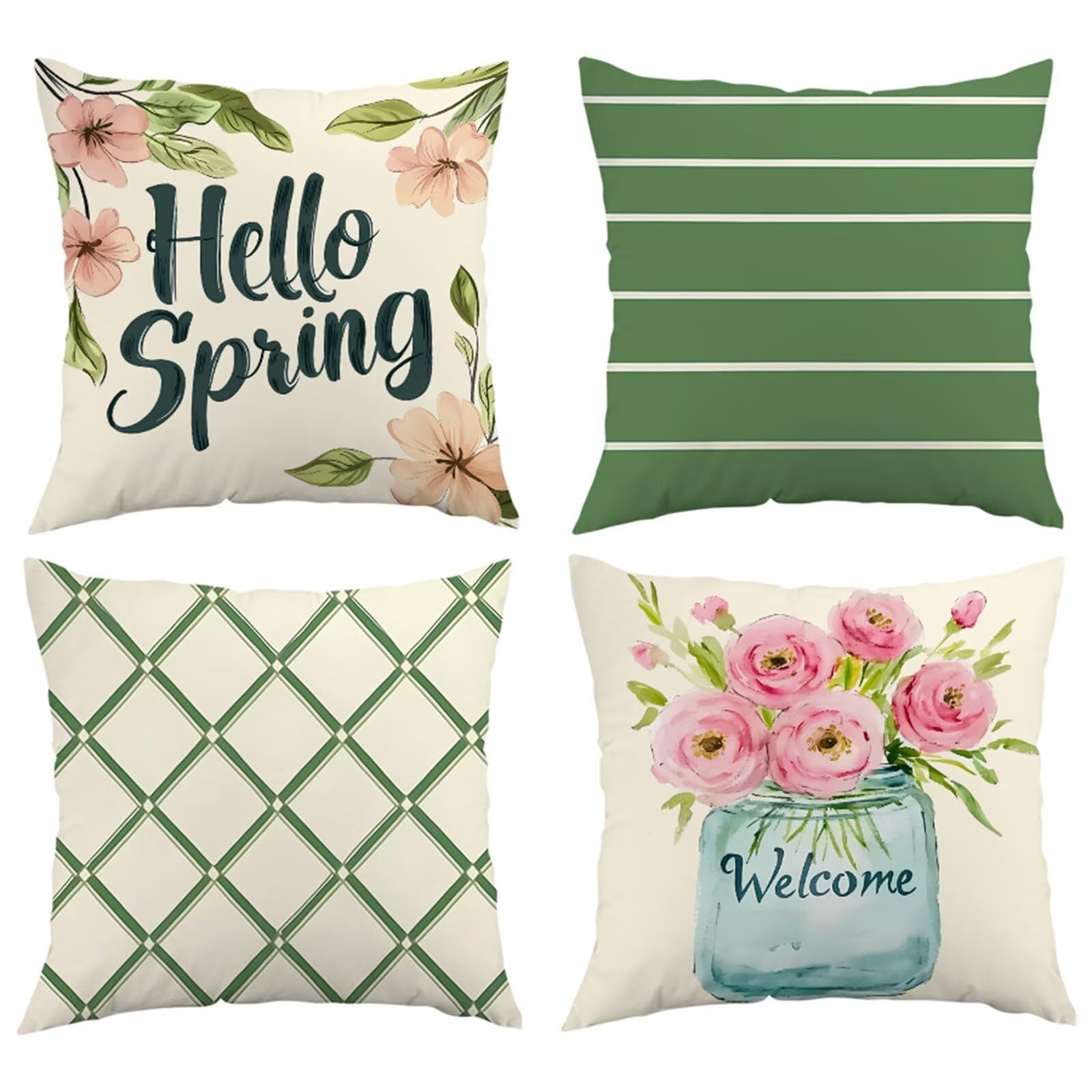 Housse de coussin vert 45x45 cm bohème en lin par 4 pour chaise et salon