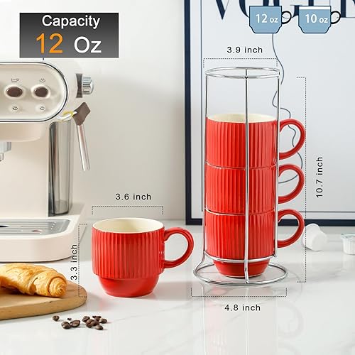 Miniatura 3 de Hasense Juego de 4 tazas de café de 12 onzas con estante, tazas de café apilables rojas de cerámica, modernos juegos de tazas de café acanalado para