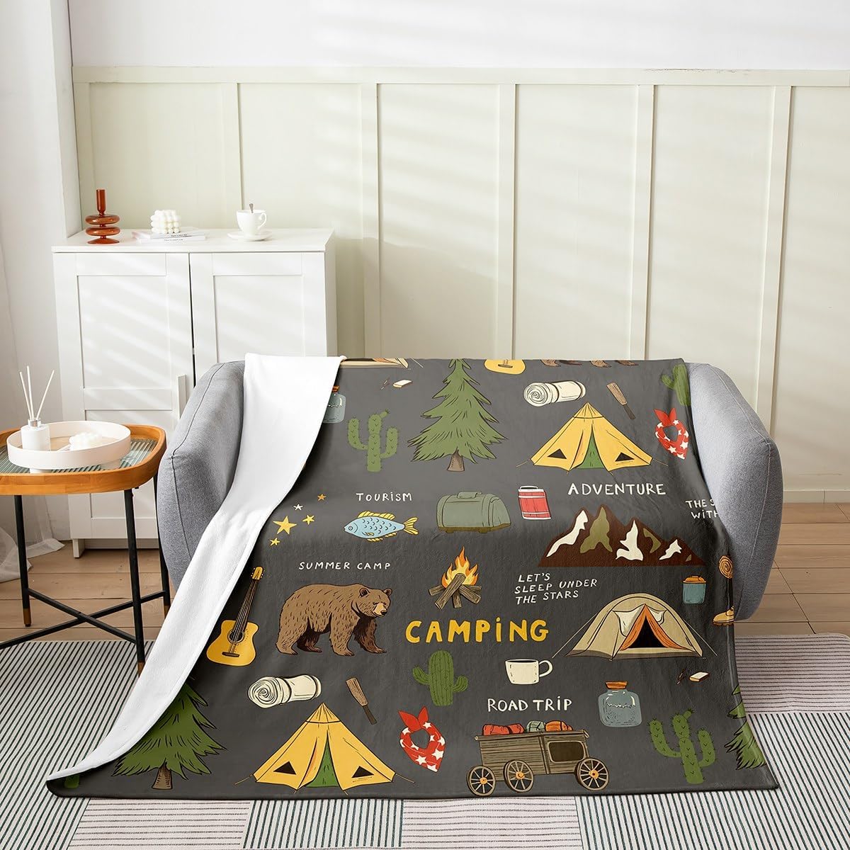 Happy Camping Throw Blanket For Kids, Hunting Bear And Pike Fish Fleece Blanket, Camper Accessories Flannel Blanket, Travel Car Hiking Theme Sherpa Blanket, Guitar Camera Plush Blanket, Twin Black