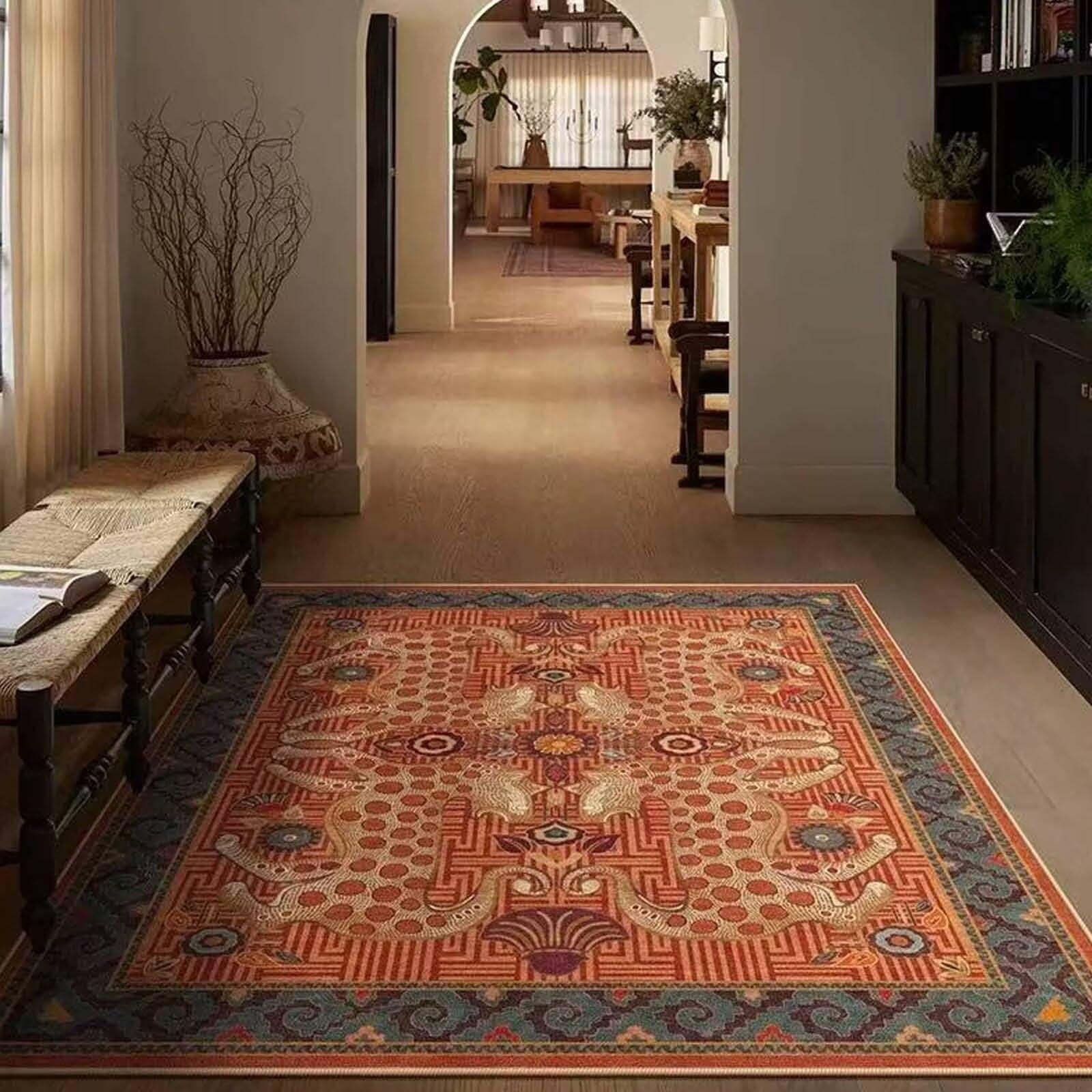Tapis motif géométrique marron 80x200 antidérapant pour cuisine et salle de bain