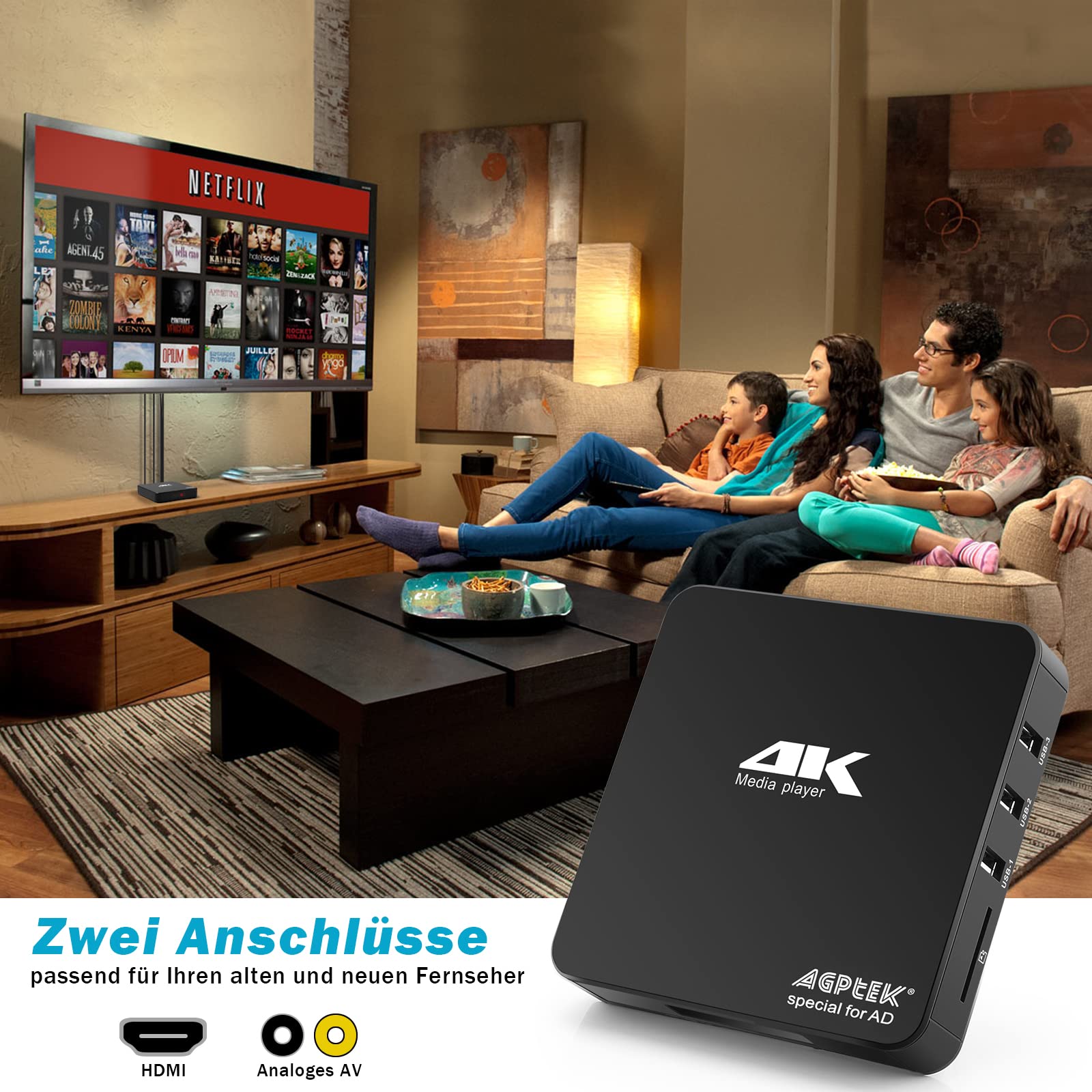 AGPTEK 4K@60hz MP4 Media Player unterstützt 8 TB HDD/256G USB-Laufwerk/SD-Karte mit HDMI/AV-Ausgang für HDTV/PPT MKV AVI MP4 H.265, Unterstützt für Werbung, Untertitel/Timing und Tastatursteuerung