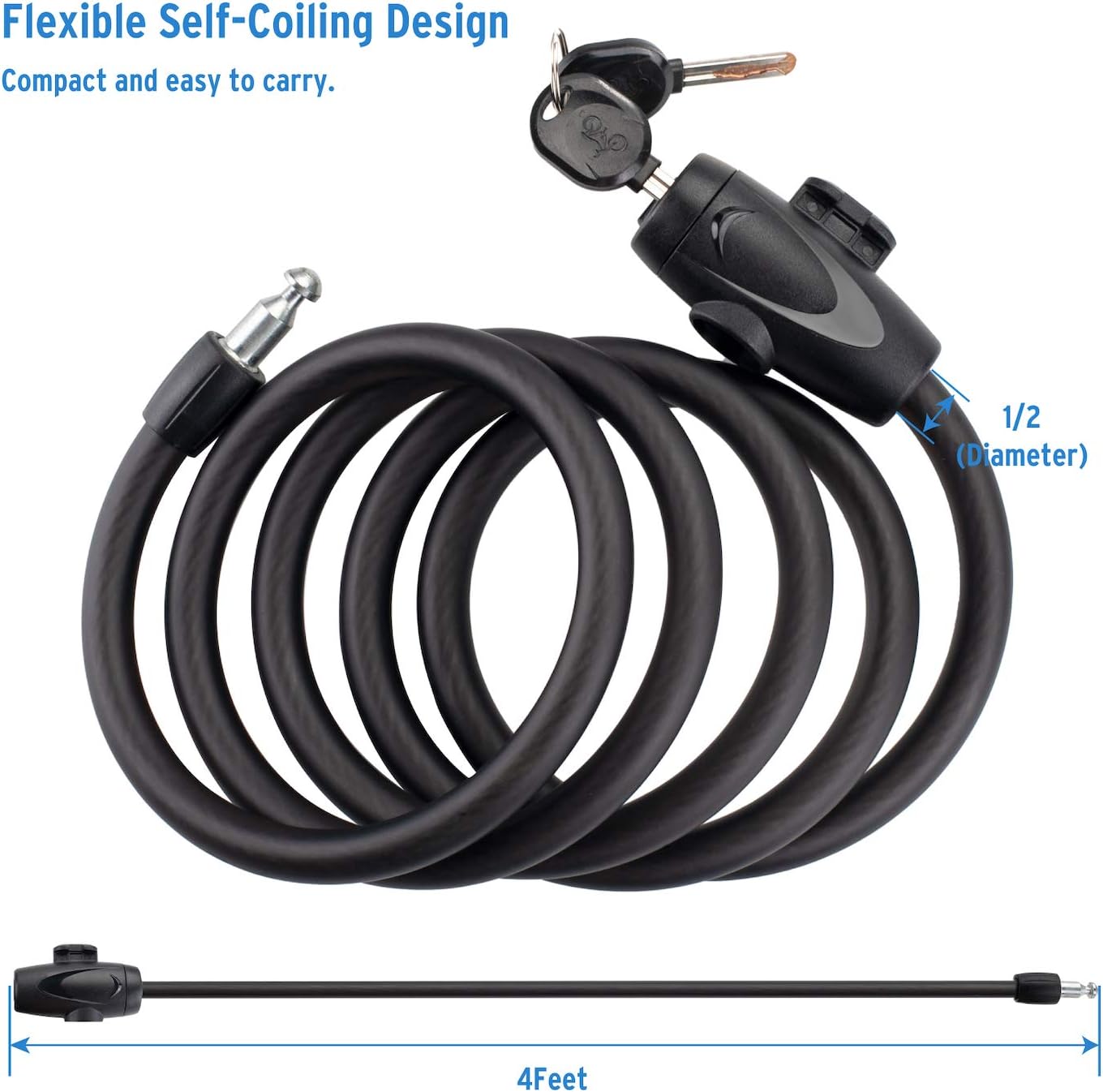DadyMart Bike Lock Cable, 4 Feet Bike Cable Lock with Keys High Security Cable Lock Coiled Bike Lock with Mounting Bracket, 1/2 Inch Diameter : Sports & Outdoors