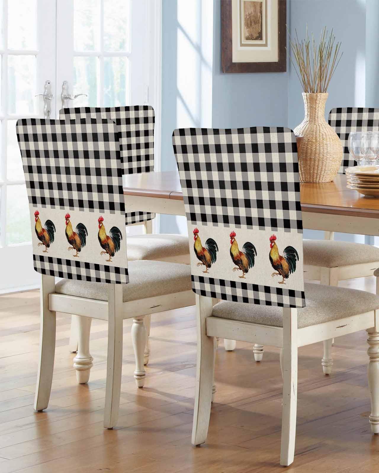 Farm Country Dining Room Chair Back Covers, Farmhouse Retro Black and White Buffalo Plaid Chair Cover Removable Washable Chair Slipcovers for Kitchen, Restaurant, Party, Ceremony (4 Pieces)