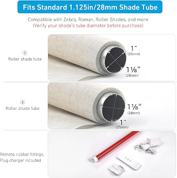 Rollerhouse 28mm(1-1/8 Inches) Round Tube Battery Roller Shade Motor Kit with Remote Control for Electric Window Blinds