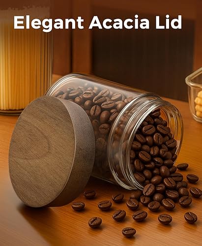 Miniatura 2 de Paquete de 6 recipientes de avena de 16 onzas con tapas, tarros de vidrio con tapas herméticas de madera de acacia, tarros de almacenamiento de boca