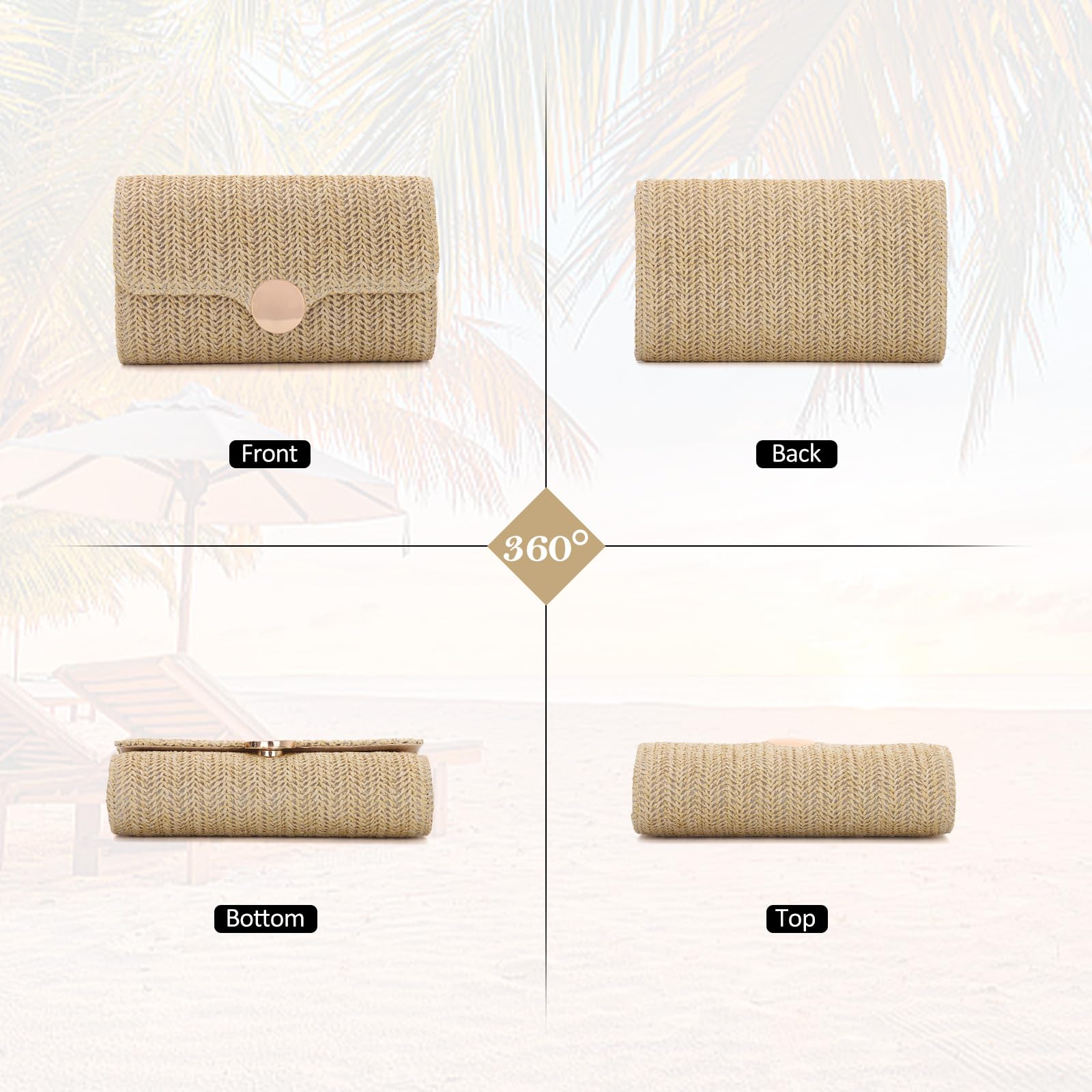 Bolso de Paja Tejida para Mujeres Playa de Verano Elegante Bolso de Noche con Cadena