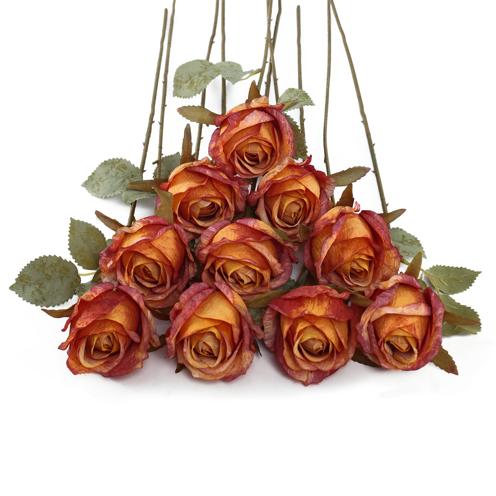 DuHouse 10pcs Artificial Silk Roses Flowers Single Long Stem Fake Rose Bouquet Autumn Flowers for Wedding Home Party Decoration Centerpieces(Sunset Orange) — image 1