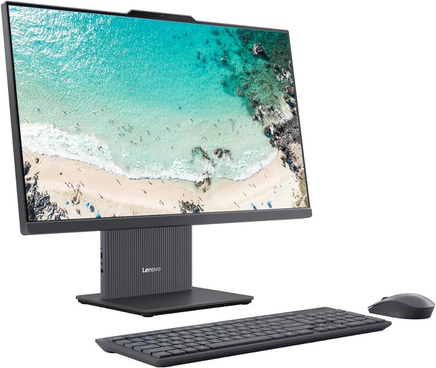 Side view of the Lenovo IdeaCentre AIO Desktop, highlighting the slim profile and integrated webcam.