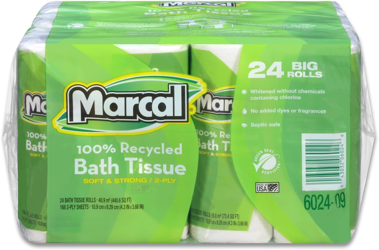 Marcal Toilet Paper, 100 Recycled, 2Ply, White Bath Tissue 168 Sheets Per Roll
