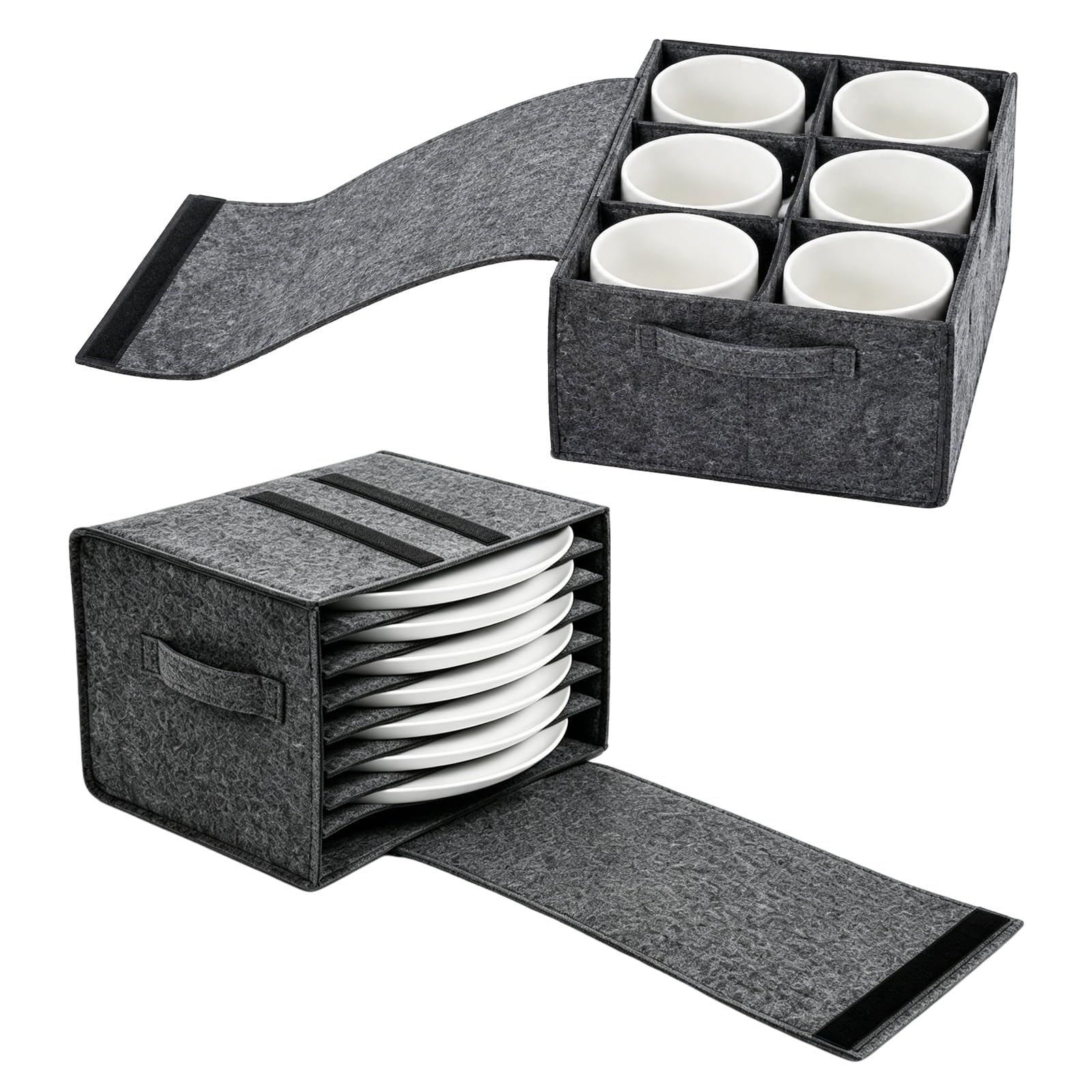 2 Pcs Plate Cup Storage Box, Camping Felt Storage Bag Campervan Caravan Dinnerware Storage Plate Holder Portable Camping Tableware Organiser with Handles Protect Kitchen Cookware for Motorhome RV Boat