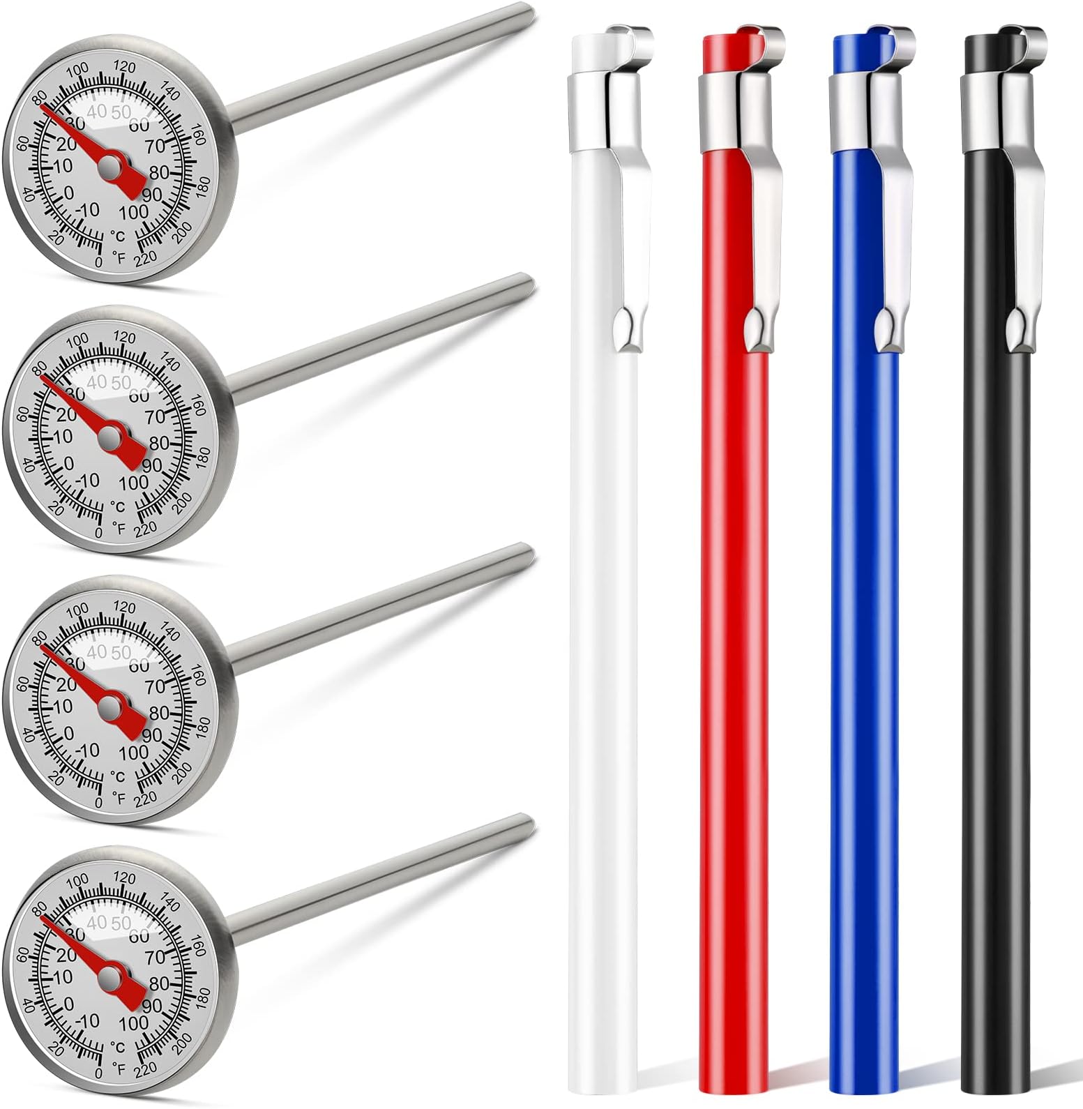 Xuhal 4 Pieces Stainless Steel Kitchen Thermometer Immediate Read Pocket Thermometer 1 Inch Dial Food Thermometer with 4 Pcs Sleeves for Milk Frothing Oven Meat Cooking Probe Water Grill Coffee BBQ