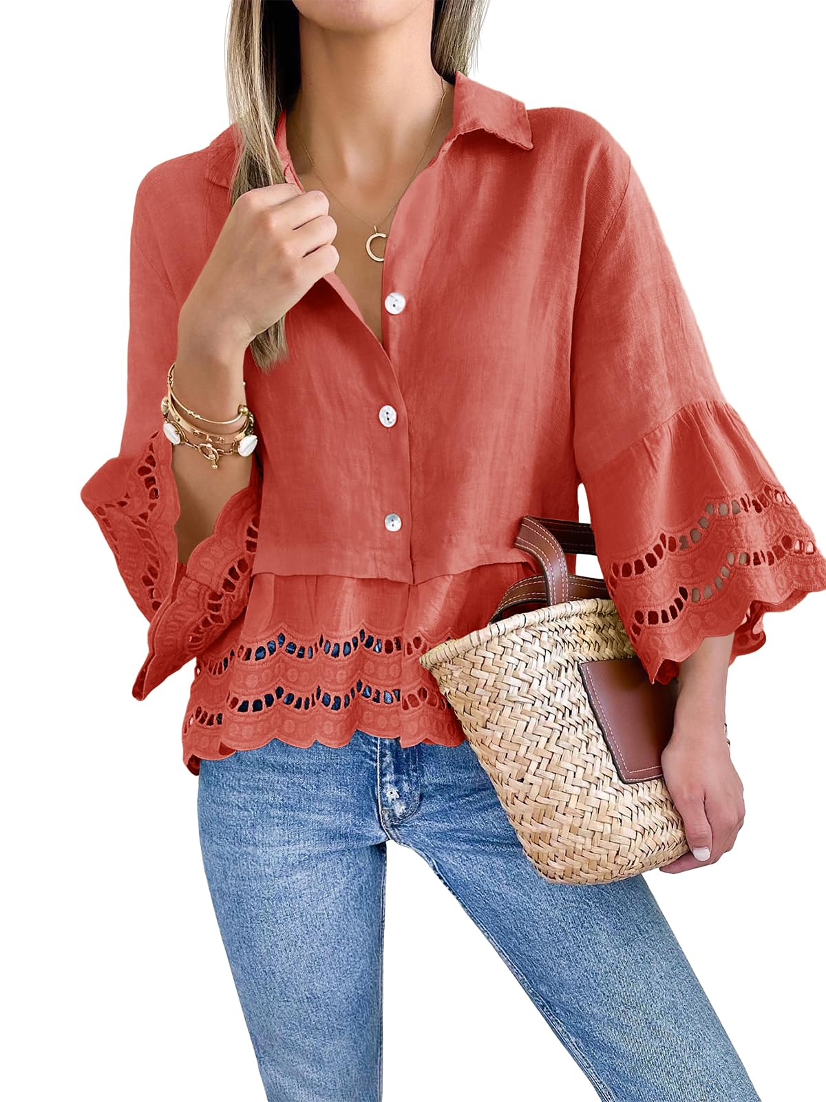 Cicy Bell Camicetta da donna con maniche a 3/4 a campana, bottoni, casual, orlo arricciato, top con occhielli