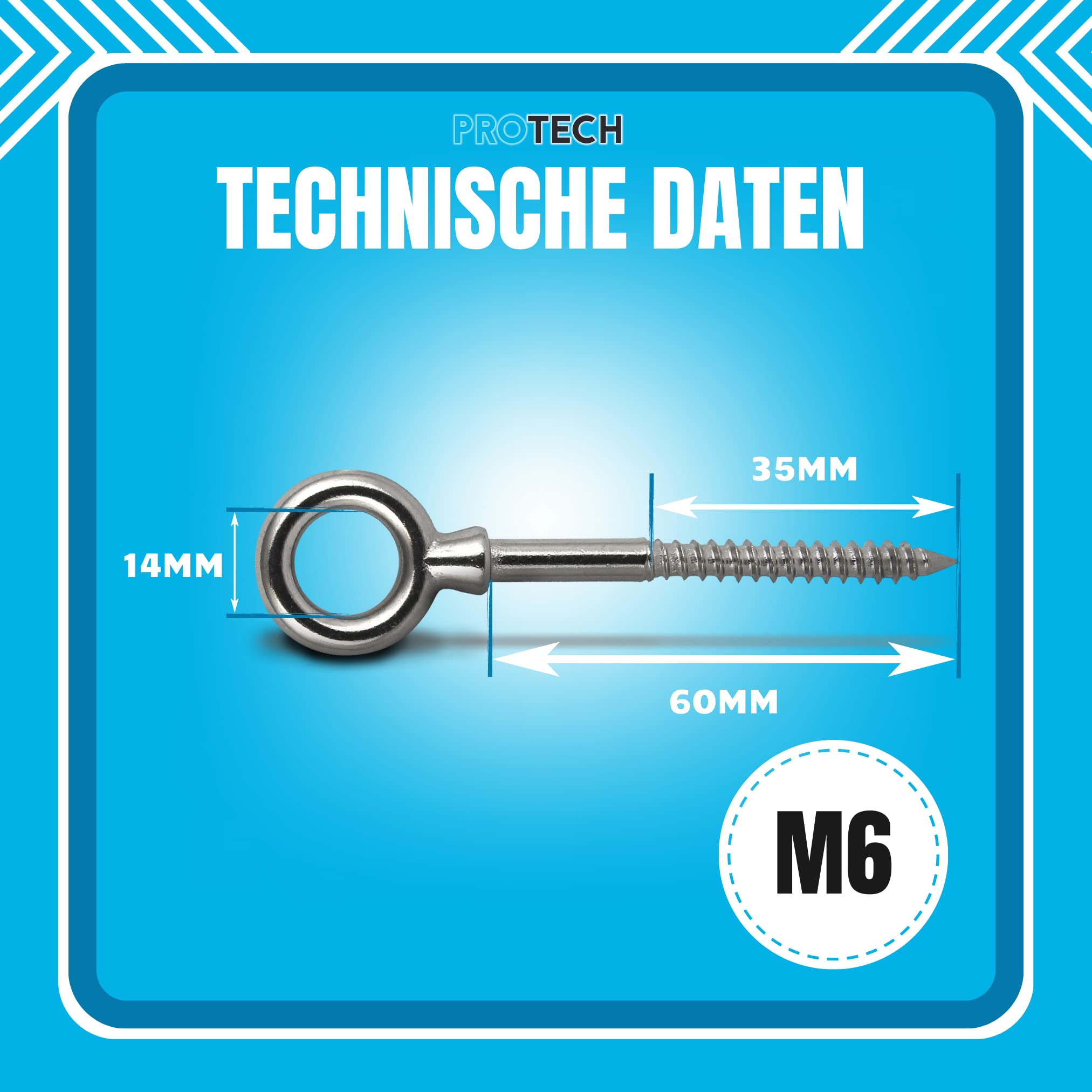 PROTECH 25 Stück Augbolzen mit Holzgewinde 6x60 Edelstahl A4 V4A Rostfrei Ringschraube Ringbolzen Augenschraube