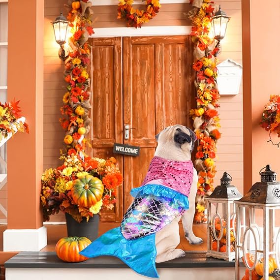 Mermaid Dog Halloween Costumes, Dog Clothes Mermaid Costume for Small Medium Dogs Cats Puppy, Cute Pet Cosplay Outfit for Christmas, Birthday Party Photo Props Dress up Accessories Parade