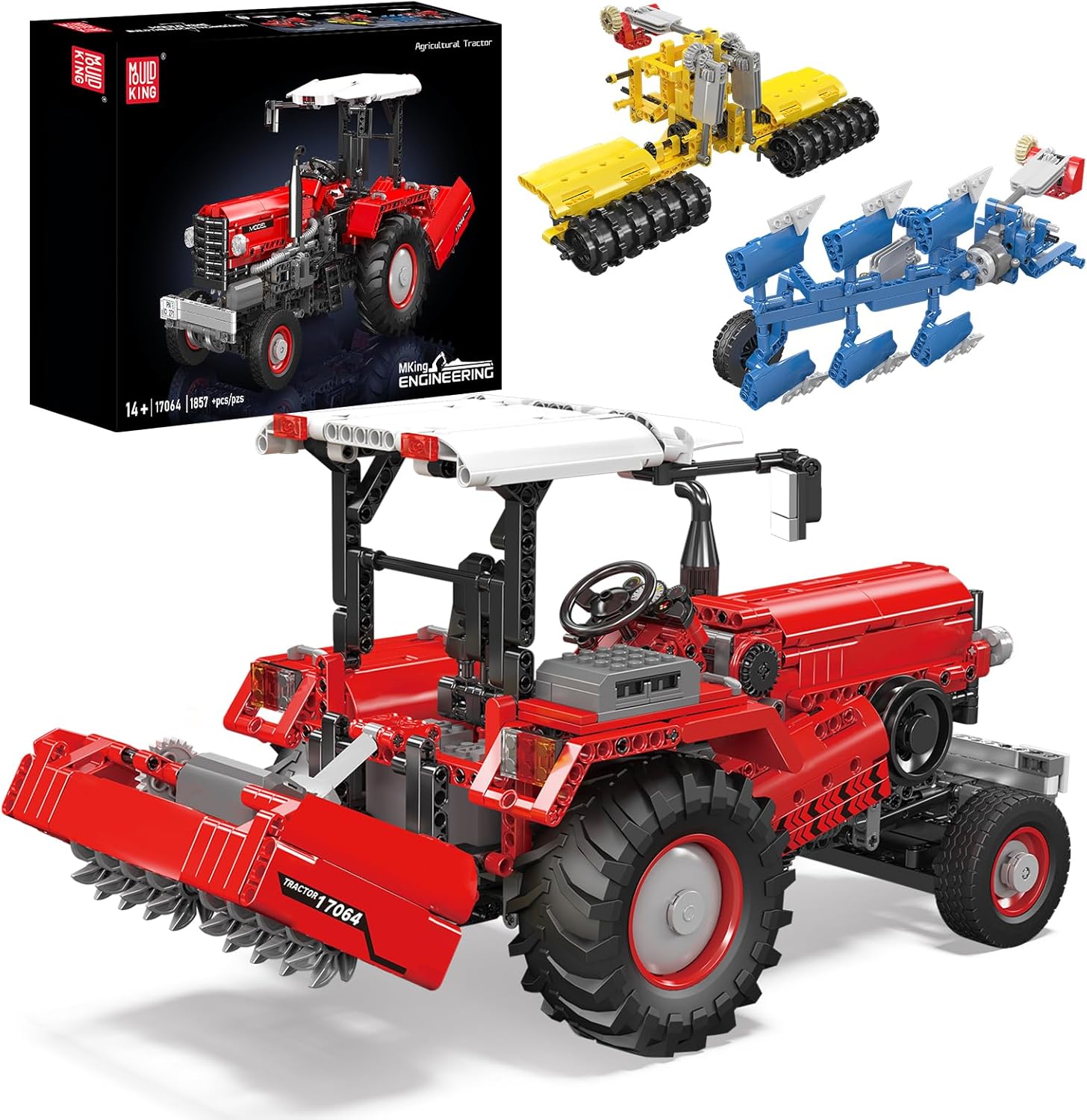 Mould King 17064 Agricultural Tractor Model Kits, 3 in 1 Red Farm Tractor with Trailes, Farm Toy Set for Adults, 1857 PCS Construction Vehicle Set