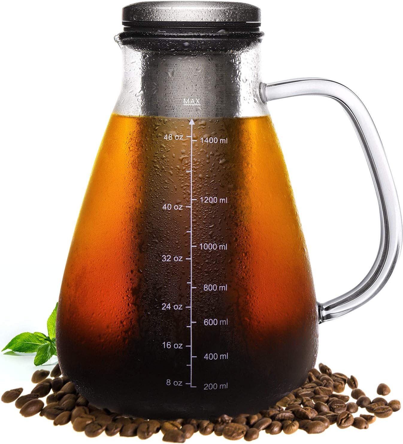 Veken Cold Brew Iced Coffee Maker & Iced Tea Maker-1.5L/51oz Glass Carafe with Removable Double Mesh Stainless Steel Filter, 1.5L