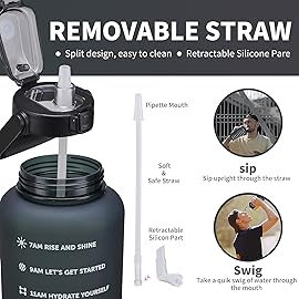 ST-YIBEN 128oz Large Motivational Water Bottle with Time Marker,Leakproof & BPA Free 1/One Gallon Big Black Water Bottle with Straw & Handle Tritan Water Jug for Women Men to Fitness,Gym,Sports