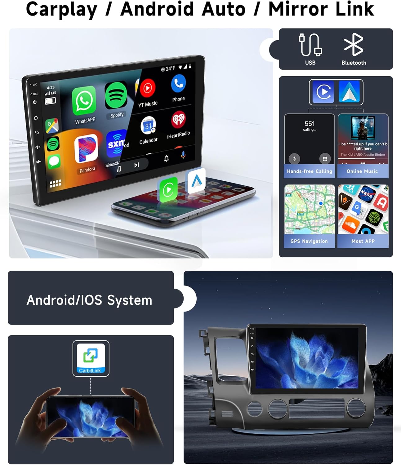 [8 CORE 6G+128G] for Honda Civic Car Stereo 2006-2011 with Wireless Carplay/Android Auto, 10.1" Android 15 IPS Touch Screen Car Radio, Bluetooth, GPS, 5G WiFi, SWC, DSP+Backup Camera