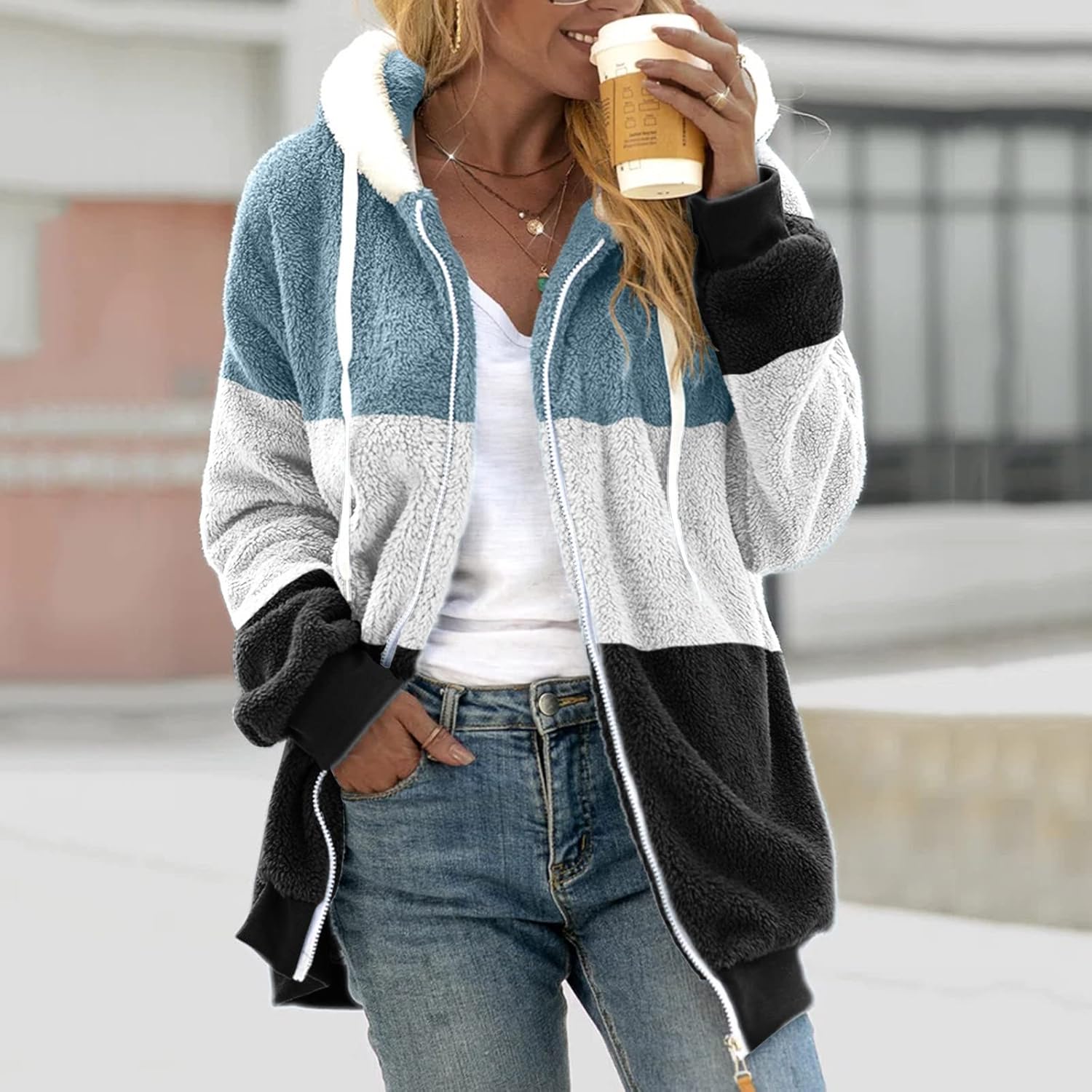 Womens Fleece Jacket Plus Size Patchwork Fluffy Sherpa Coat with Hood Winter Coats for Women Oversized Outerwear - Image 4