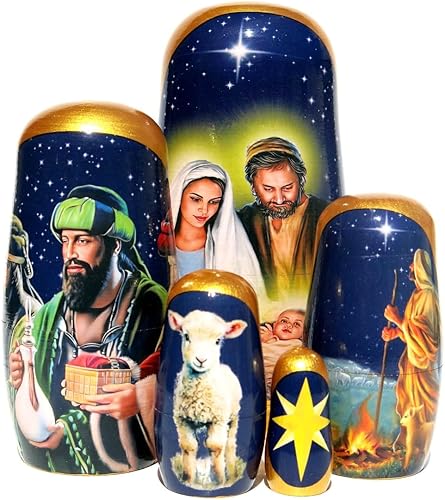 Great Russian Gifts Nativity - Muñecas de anidación hechas a mano, pintadas a mano, 5 piezas, de madera, apilables, 5.75 pulgadas de alto