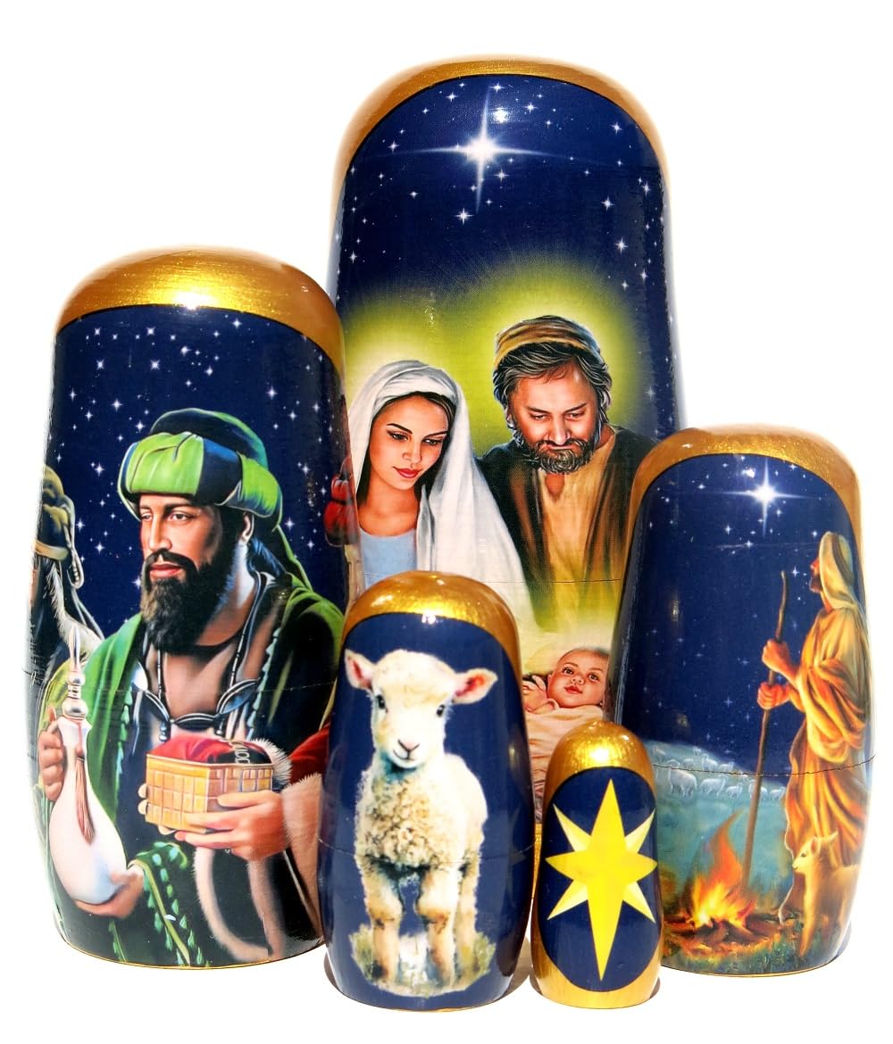 New Handmade Authentic Long Lasting Collectible Christmas Nativity Wooden 5 Piece Nesting Dolls featuring Original Christmas Nativity scenes on Each Nesting doll 5.75 inches Tall, with Glossy Gift Box
