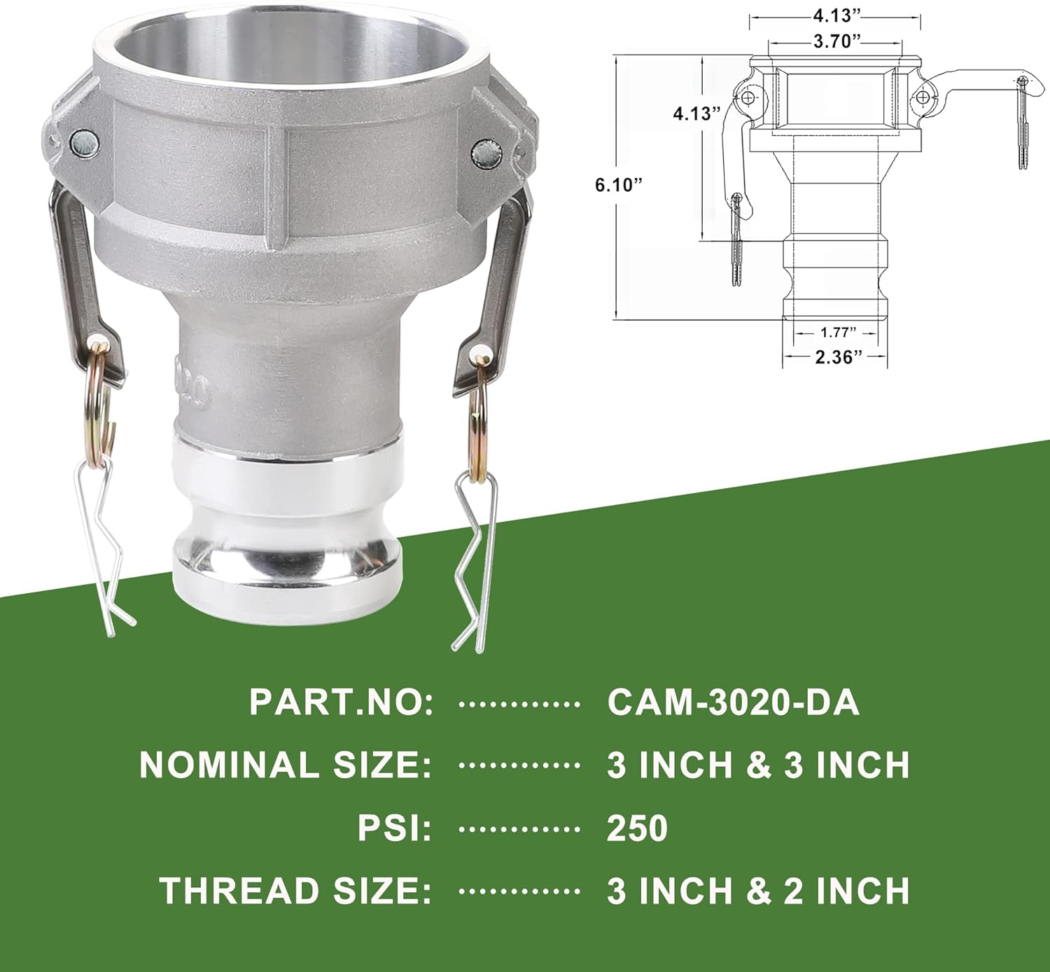Camlock Fittings Type DA 3’’ Female Camlock × 2’’ Male Camlock Cam and Groove Hose Fittings, Aluminum Material, Reducer, 125PSI