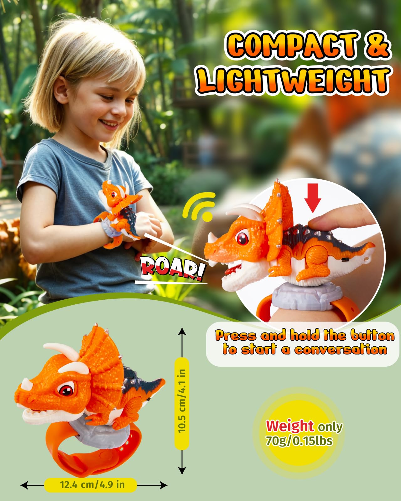 Gleamkid walkie talkie bambini ricaricabili, 2 pezzi dinosauro giocattolo, regalo per ragazzi 3-12 anni, dinosauro walkie talkie con laccio e polso, lunga distanza, comunicazione chiara-arancione