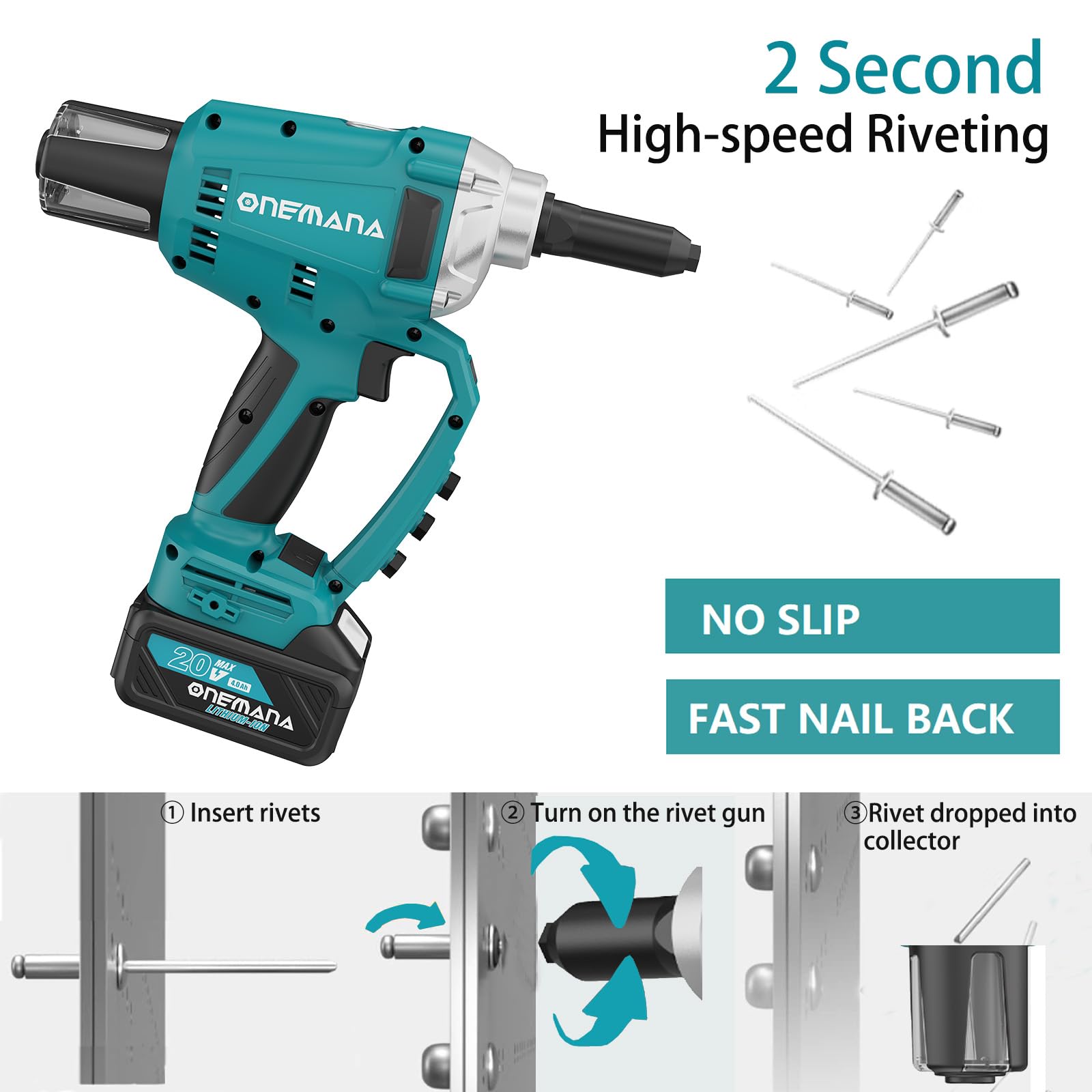 Pistola Remachadora Inalámbrica Batería, ONEMANA Pistola de Remache Eléctrica sin Escobillas 20000N 480RPM, Pistola de Tuerca de Remache Automático con LED（Remachadora Solo Cuerpo）