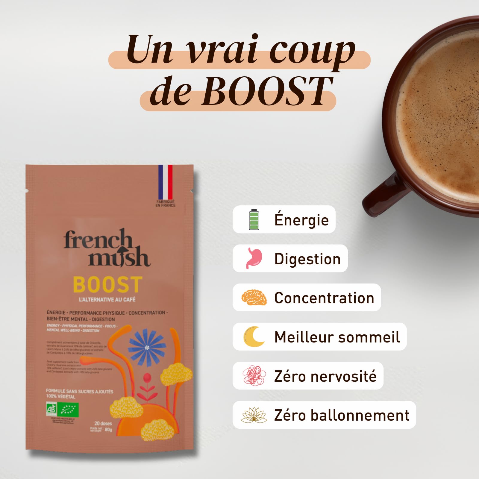 French Mush BOOST - Alternative Café aux Champignons Adaptogènes Bio : Lion’s Mane & Cordyceps - Focus, Énergie & Digestion - Alternative Végétale au Café Soluble - Fabriqué en France - 20 Doses