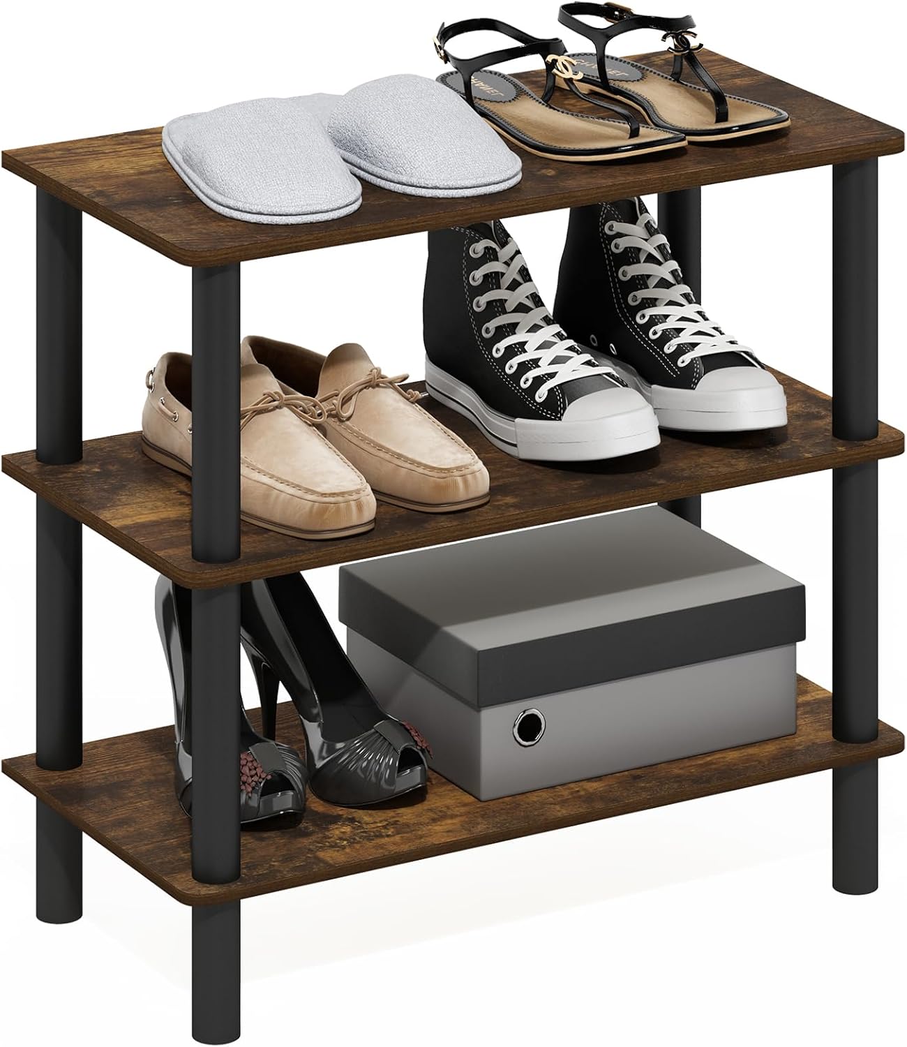 Furinno TURN-N-TUBE Shoe Rack, 3-Tier Narrow Small Shoe Organizer, Toolless Shoe Rack Storage with Freestanding Organizer, 11.7 x 23.6 x 21.9, for Closet Entryway, Office, Garage, Amber Pine