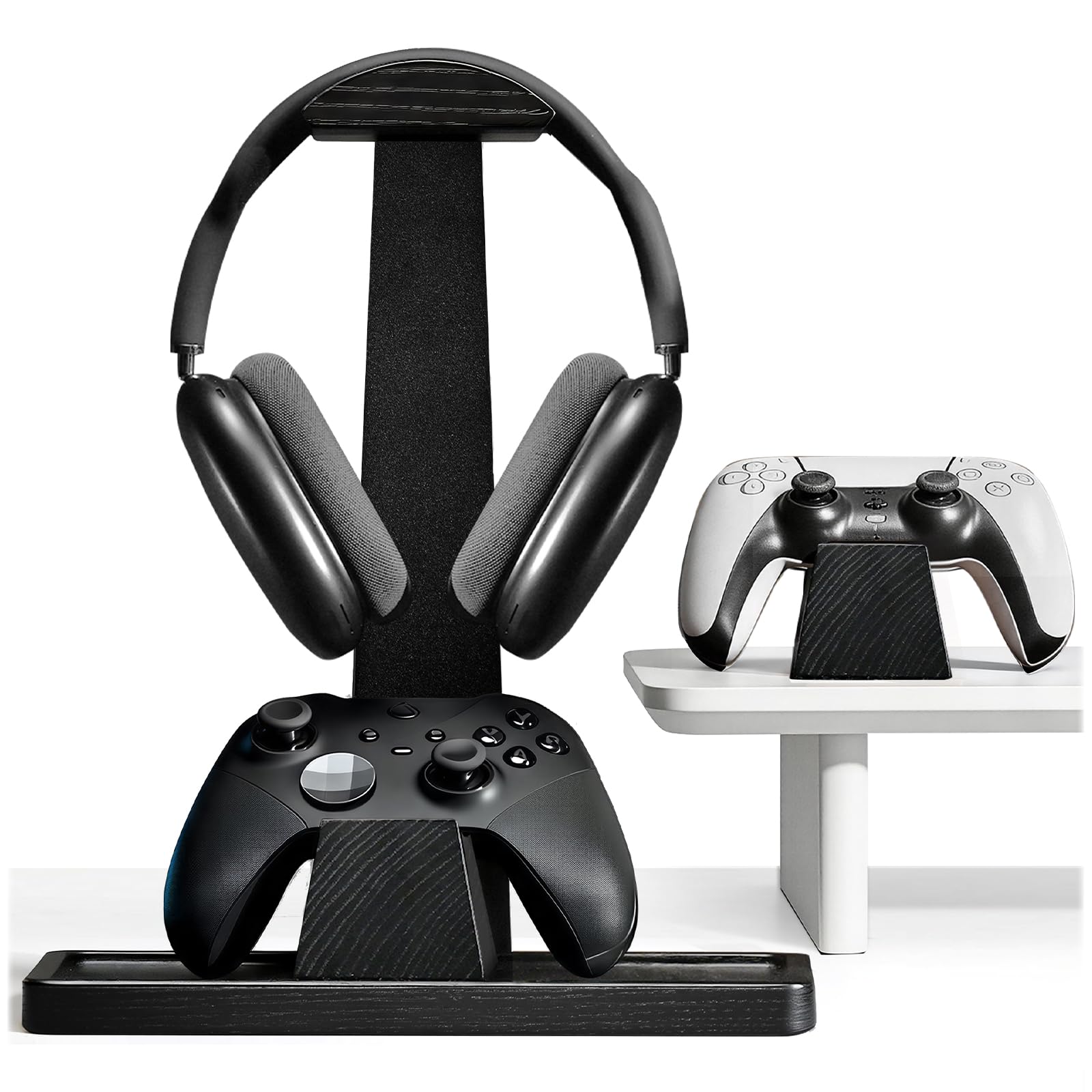 Headset-Ständer mit 2 Controller-Haltern – Massivholz & Metall, Gaming-Kopfhörer-Halter für Schalter, Controller und Schreibtischzubehör (schwarz)