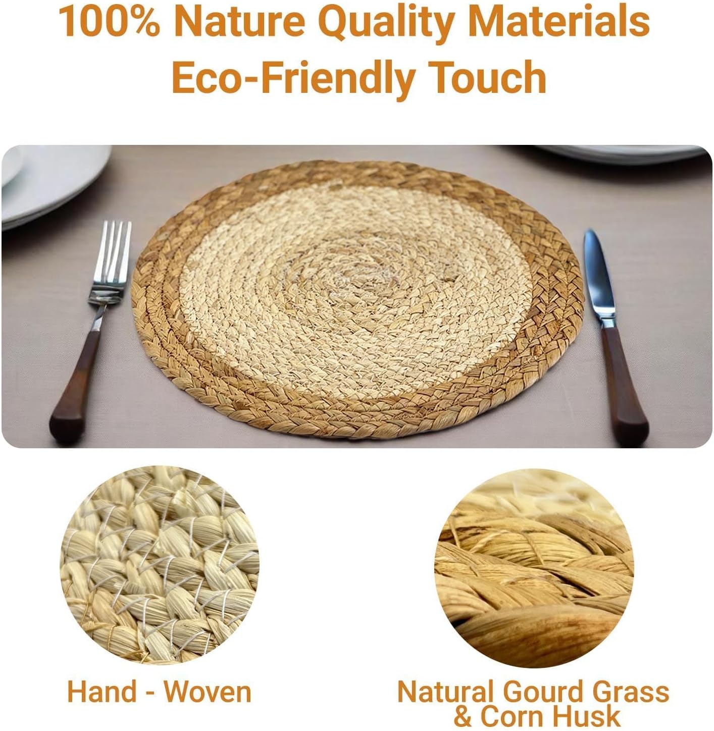 Handmade Boho Fall Placemats Set of 6 – Natural Gourd Grass & Corn Husk Round Placemats and Cotton Linen Woven Burlap Square Mats with Vintage Tassels, Vanilla-Scented, Eco-Friendly & Durable Din